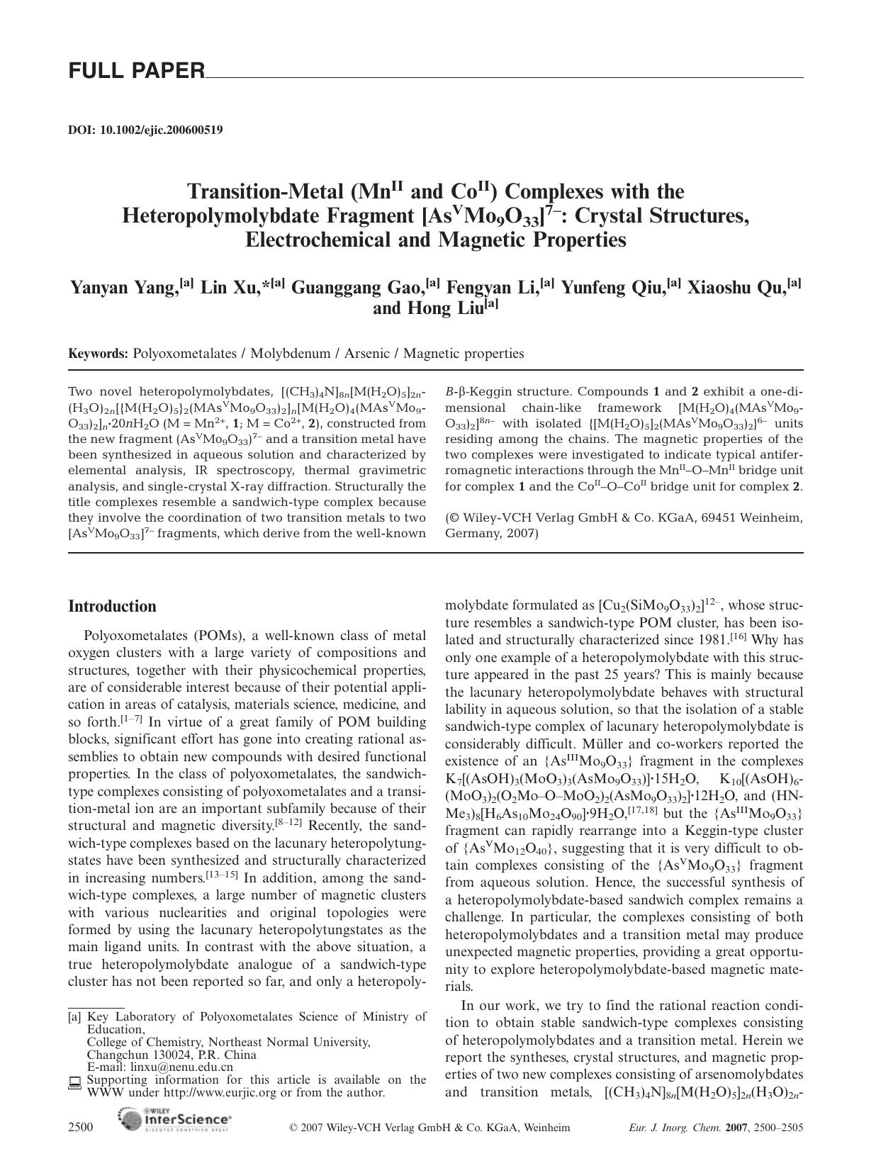 Transition-Metal (MnII and CoII) Complexes with the Heteropolymolybdate Fragment [AsVMo9O33]7-: Crystal Structures, Electrochemical and Magnetic Properties by Unknown