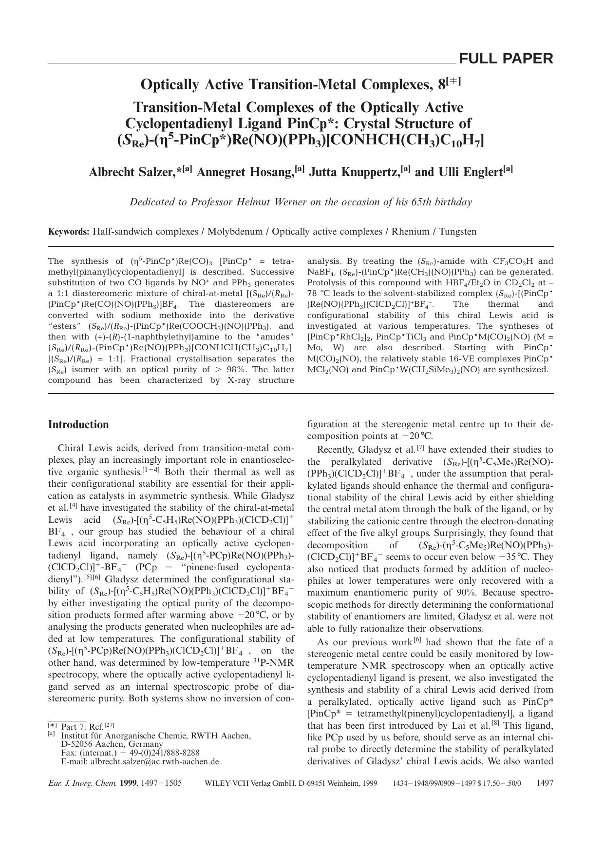 Transition-Metal Complexes of the Optically Active Cyclopentadienyl Ligand PinCp[ast]: Crystal Structure of (SRe)-([eegr]5-PinCp[ast])Re(NO)(PPh3)[CONHCH(CH3)C10H7] by Unknown