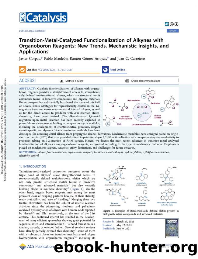 Transition-Metal-Catalyzed Functionalization of Alkynes with Organoboron Reagents: New Trends, Mechanistic Insights, and Applications by Javier Corpas Pablo Mauleón Ramón Gómez Arrayás & Juan C. Carretero