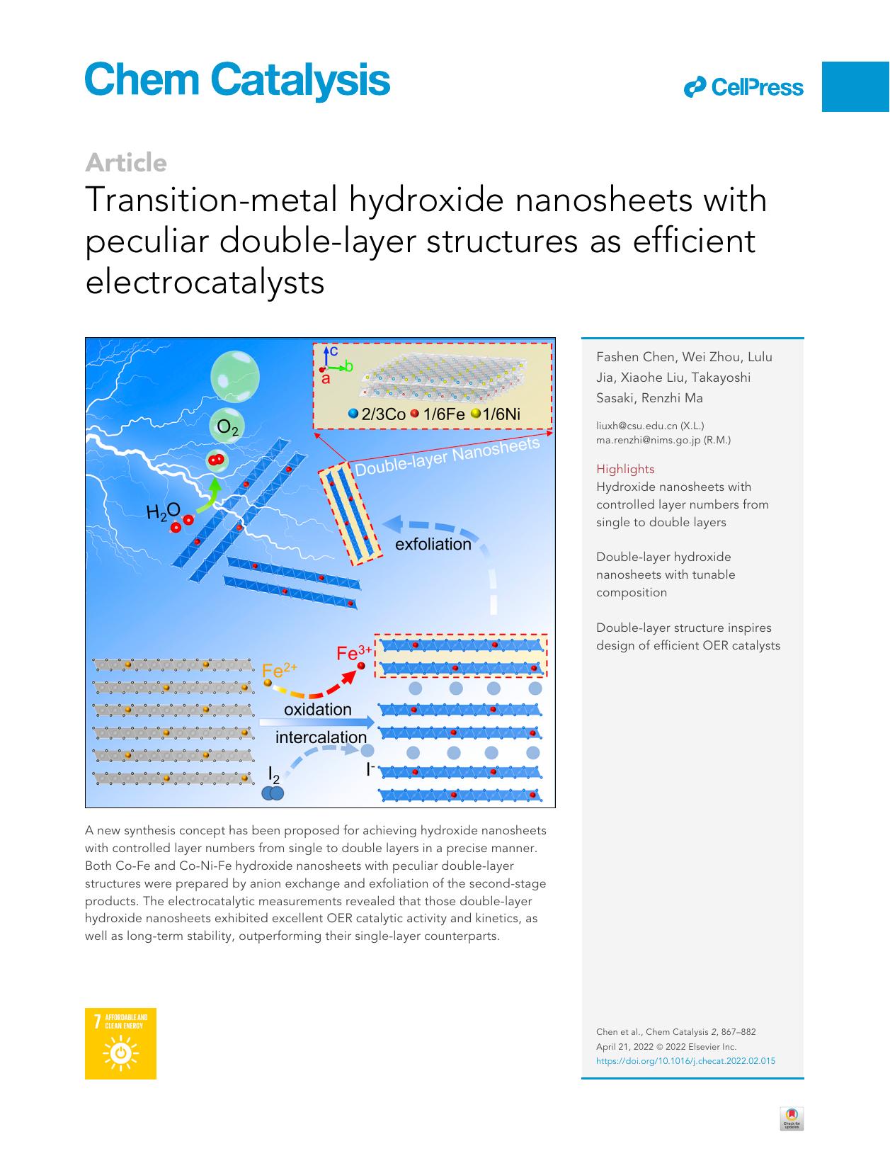 Transition-metal hydroxide nanosheets with peculiar double-layer structures as efficient electrocatalysts by Fashen Chen & Wei Zhou & Lulu Jia & Xiaohe Liu & Takayoshi Sasaki & Renzhi Ma
