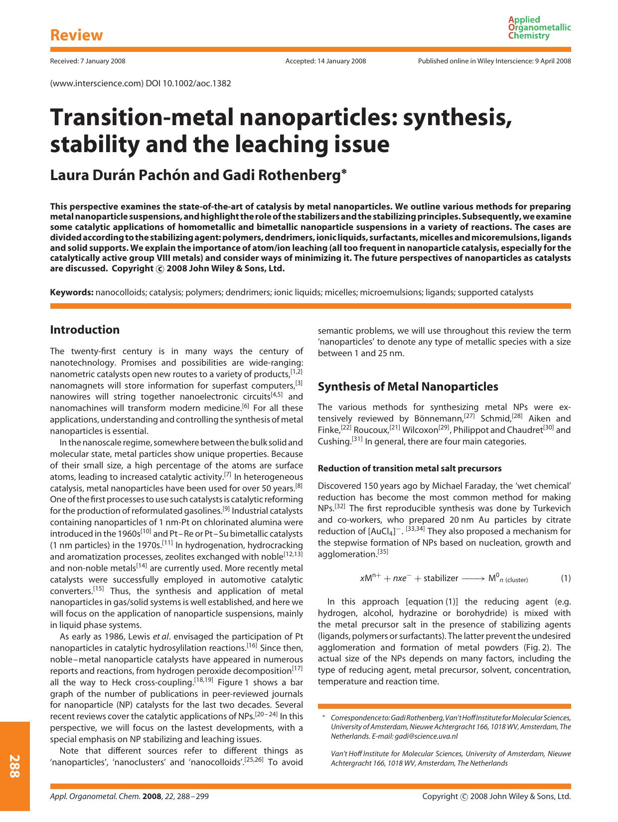 Transition-metal nanoparticles: synthesis, stability and the leaching issue by Unknown
