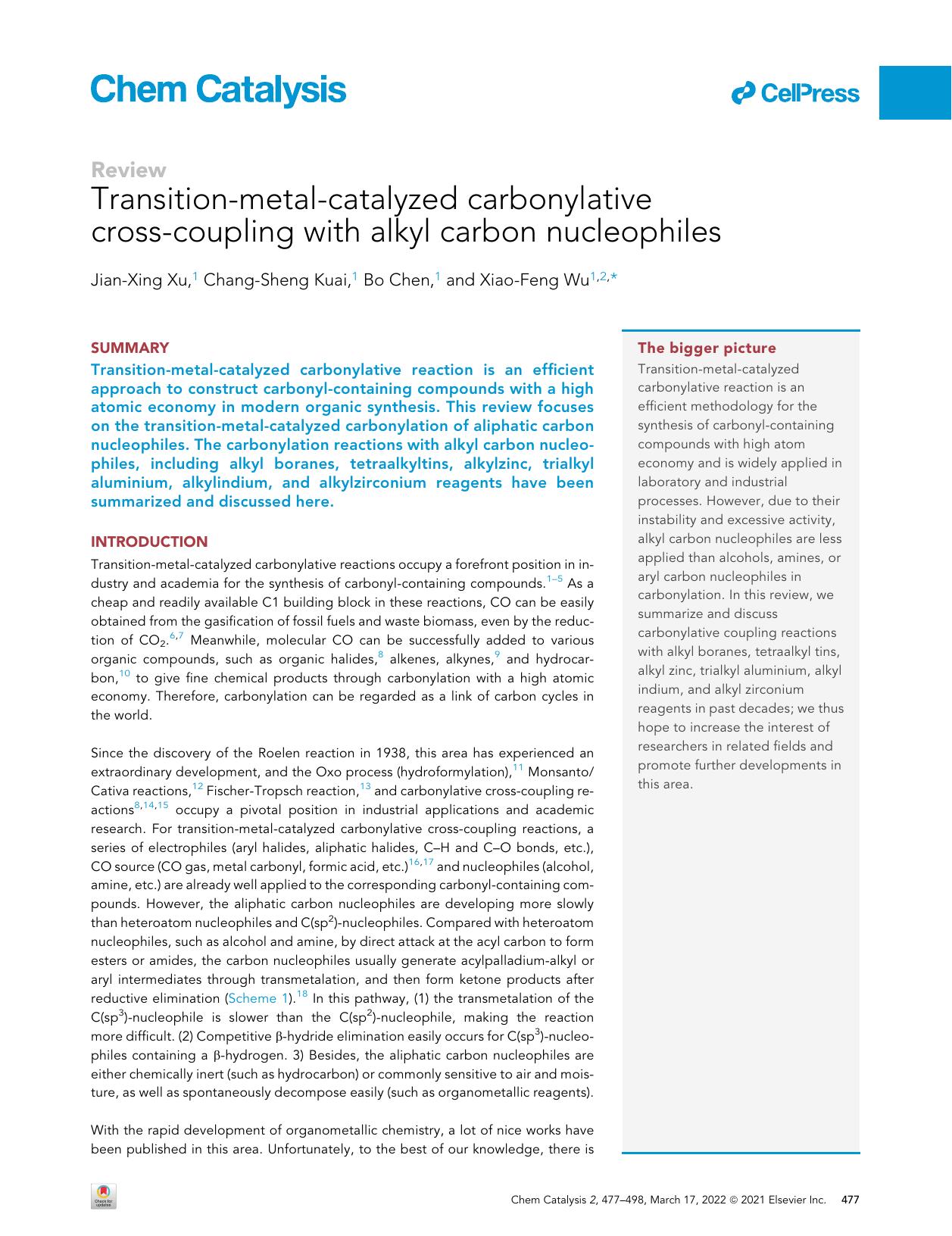 Transition-metal-catalyzed carbonylative cross-coupling with alkyl carbon nucleophiles by Jian-Xing Xu & Chang-Sheng Kuai & Bo Chen & Xiao-Feng Wu