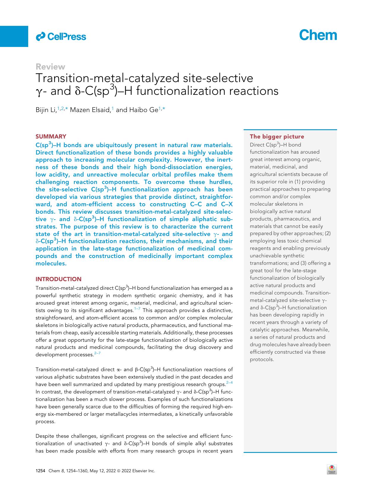Transition-metal-catalyzed site-selective &gamma;- and &delta;-C(sp3)-H functionalization reactions by Bijin Li & Mazen Elsaid & Haibo Ge