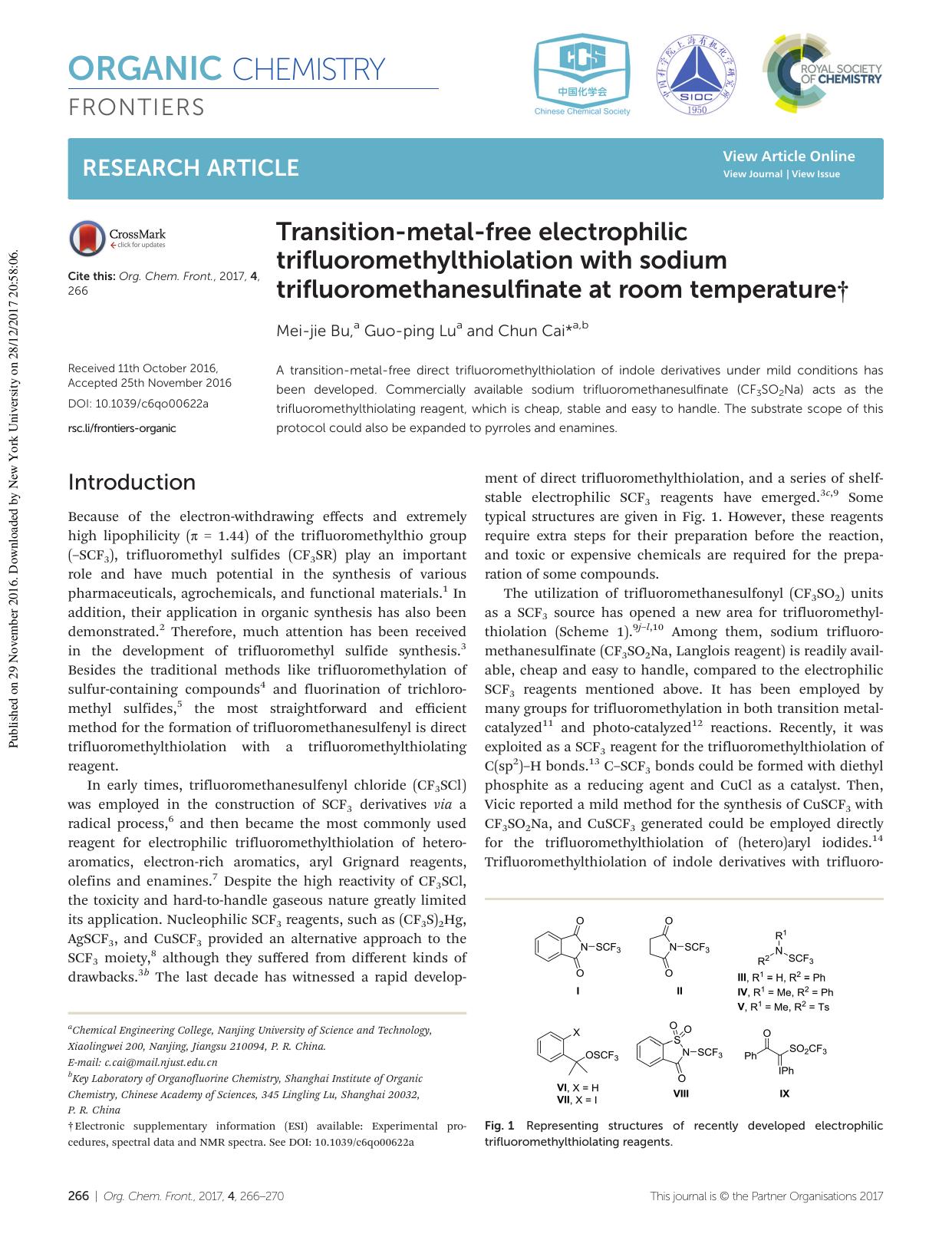 Transition-metal-free electrophilic trifluoromethylthiolation with sodium trifluoromethanesulfinate at room temperature by Mei-jie Bu Guo-ping Lu Chun Cai