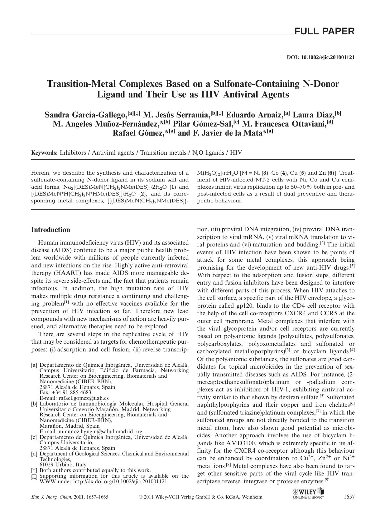 TransitionMetal Complexes Based on a SulfonateContaining NDonor Ligand and Their Use as HIV Antiviral Agents by Unknown