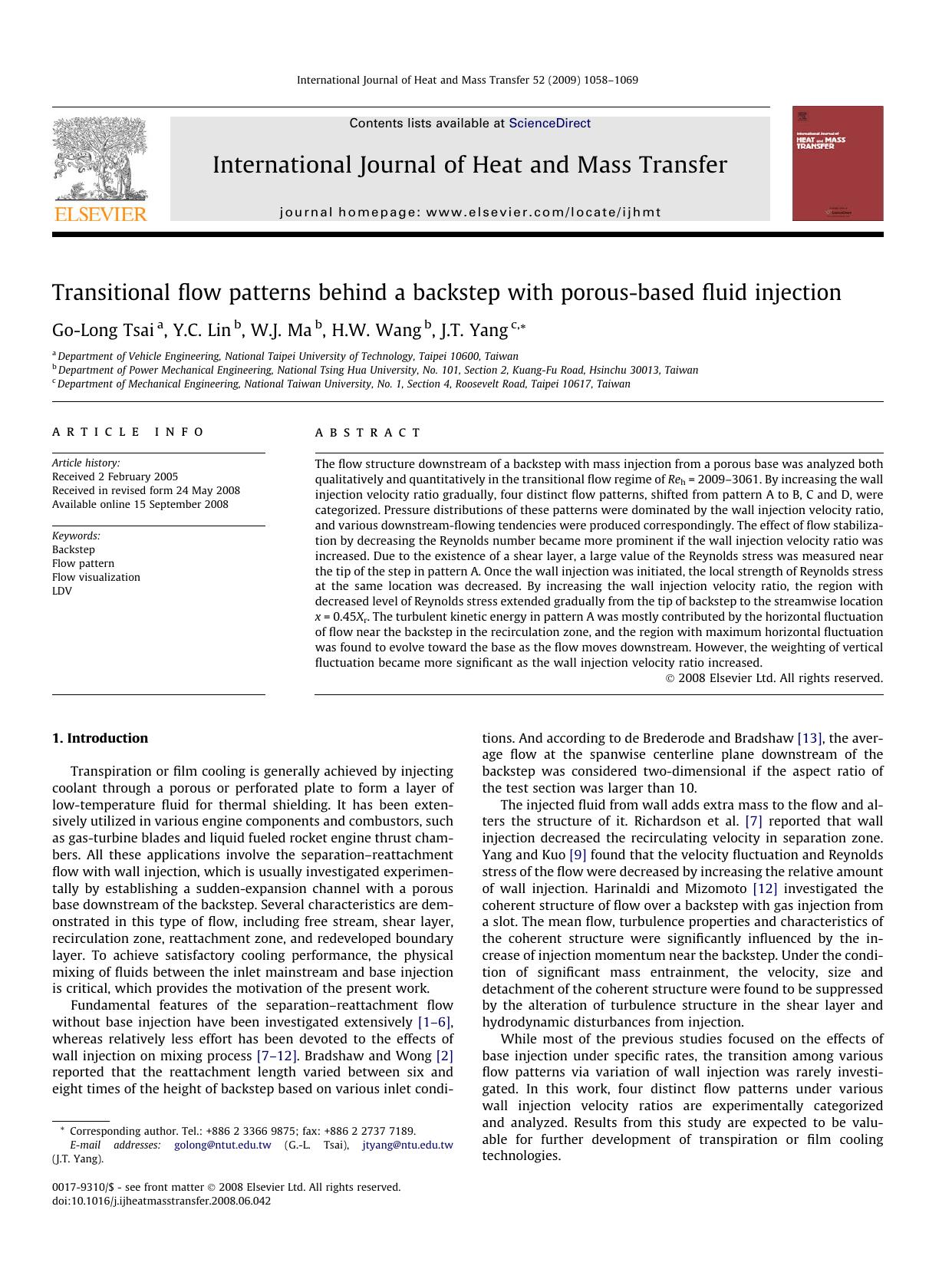 Transitional flow patterns behind a backstep with porous-based fluid injection by Go-Long Tsai; Y.C. Lin; W.J. Ma; H.W. Wang; J.T. Yang