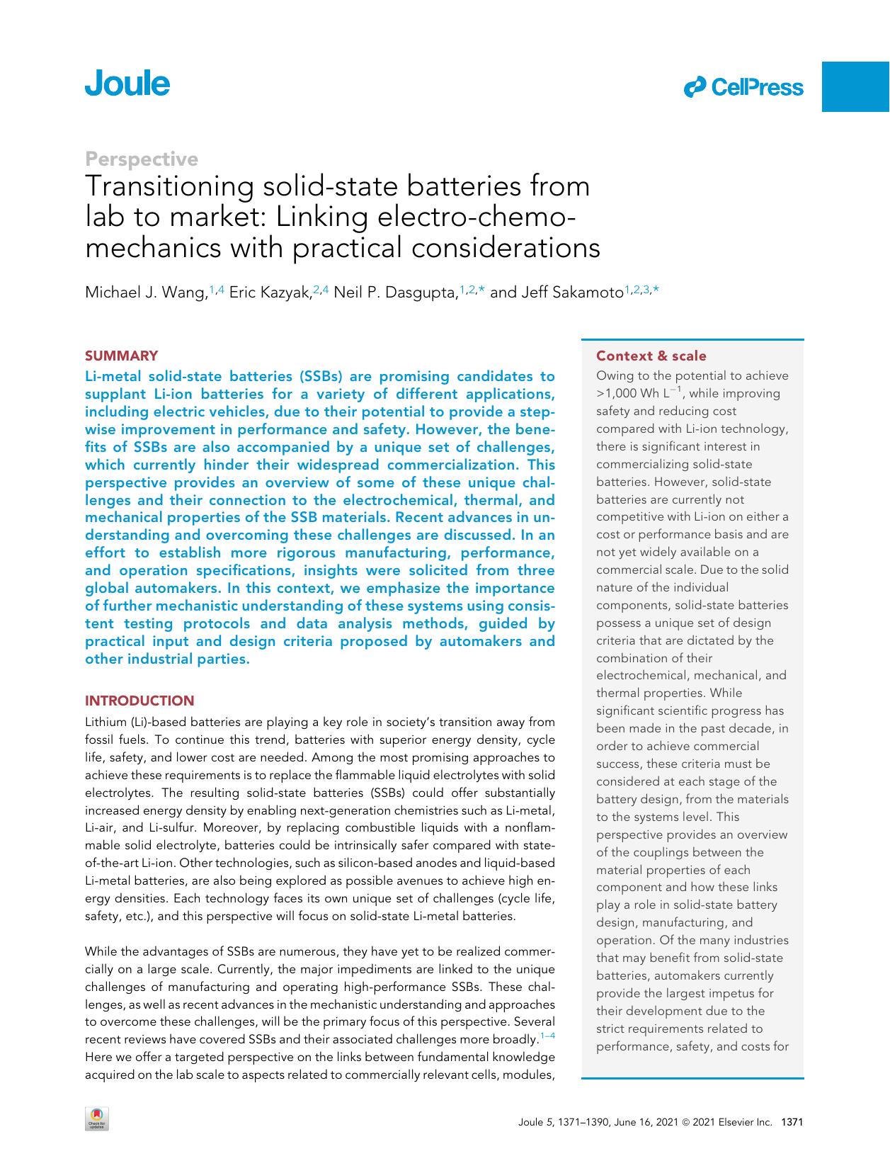 Transitioning solid-state batteries from lab to market: Linking electro-chemo-mechanics with practical considerations by Michael J. Wang & Eric Kazyak & Neil P. Dasgupta & Jeff Sakamoto