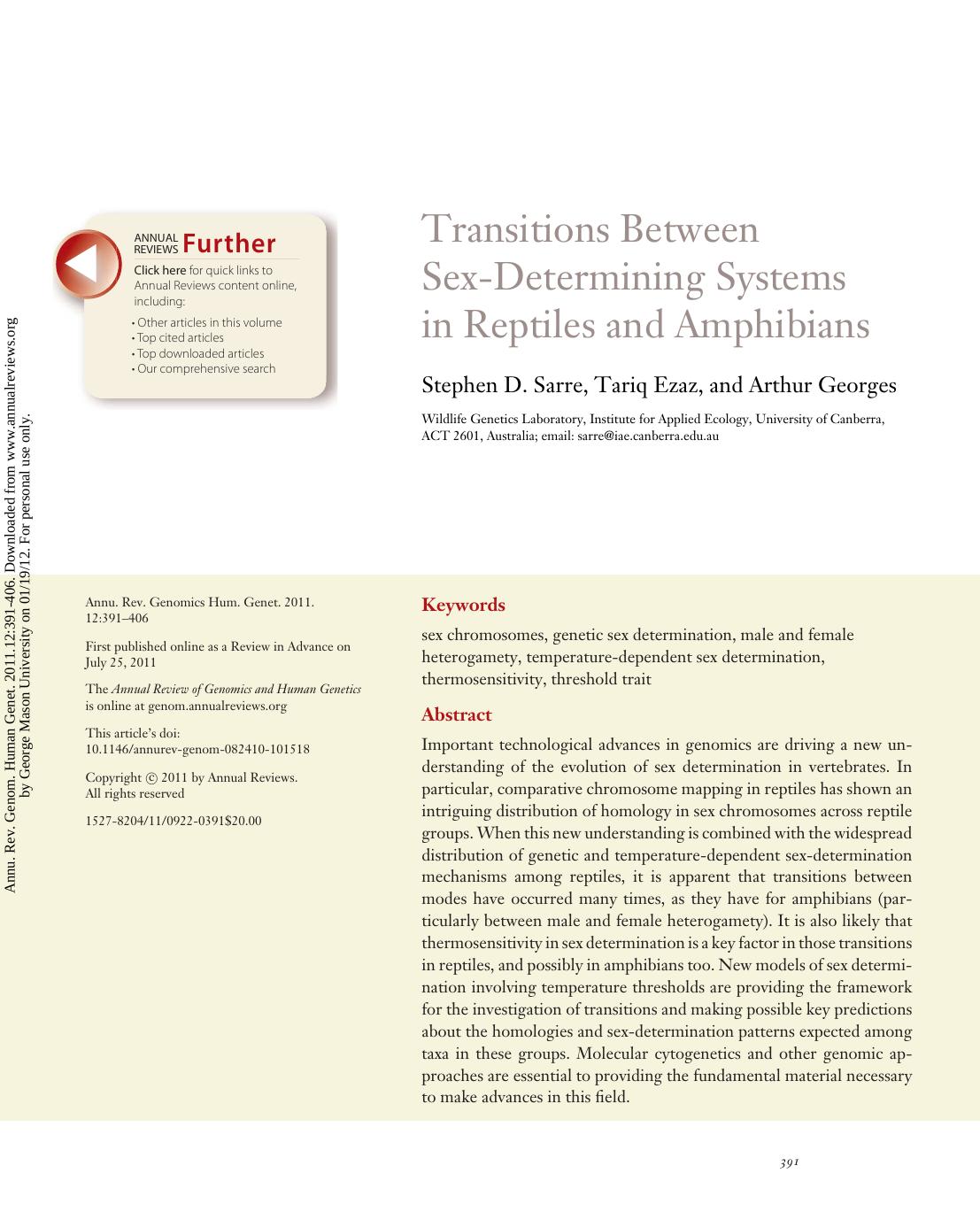Transitions Between Sex-Determining Systems in Reptiles and Amphibians by Stephen D. Sarre Tariq Ezaz & Arthur Georges