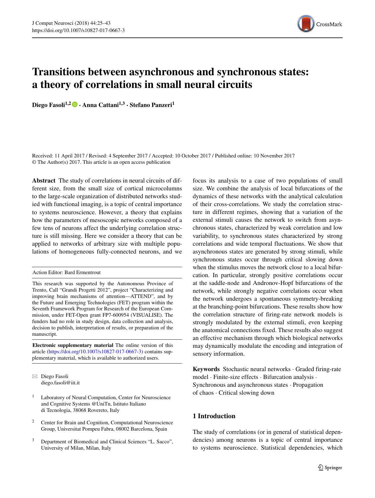 Transitions between asynchronous and synchronous states: a theory of correlations in small neural circuits by Diego Fasoli & Anna Cattani & Stefano Panzeri