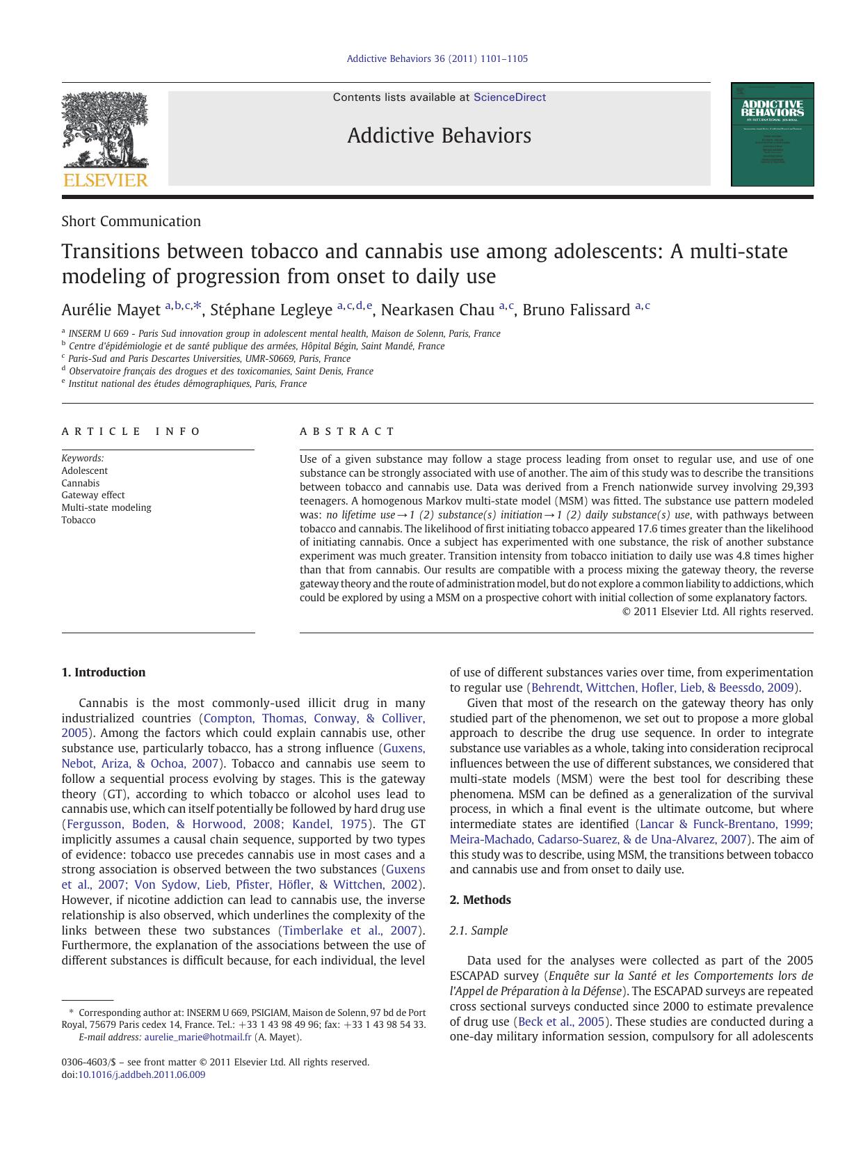 Transitions between tobacco and cannabis use among adolescents: A multi-state modeling of progression from onset to daily use by Aurélie Mayet & Stéphane Legleye & Nearkasen Chau & Bruno Falissard