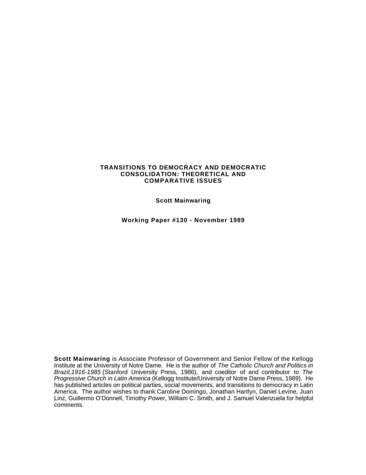 Transitions to democracy and democratic consolidation: Theoretical and comparative issues by Mainwaring Scott