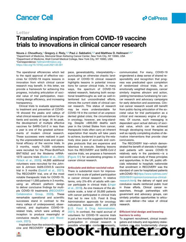 Translating inspiration from COVID-19 vaccine trials to innovations in clinical cancer research by Noura J. Choudhury & Gregory J. Riely & Paul J. Sabbatini & Matthew D. Hellmann