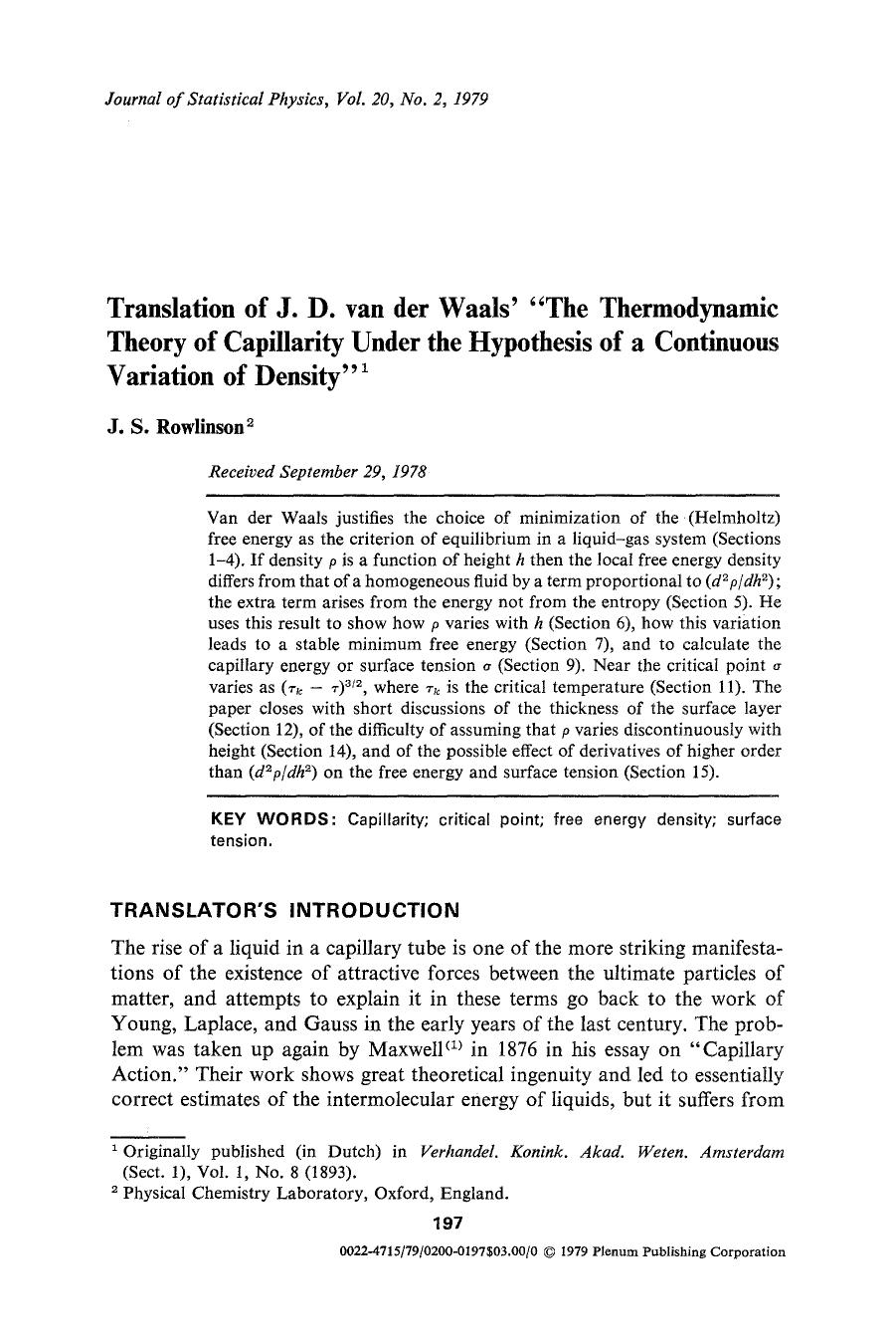 Translation of J. D. van der Waals' &#x201C;The thermodynamik theory of capillarity under the hypothesis of a continuous variation of density&#x201D; by Unknown