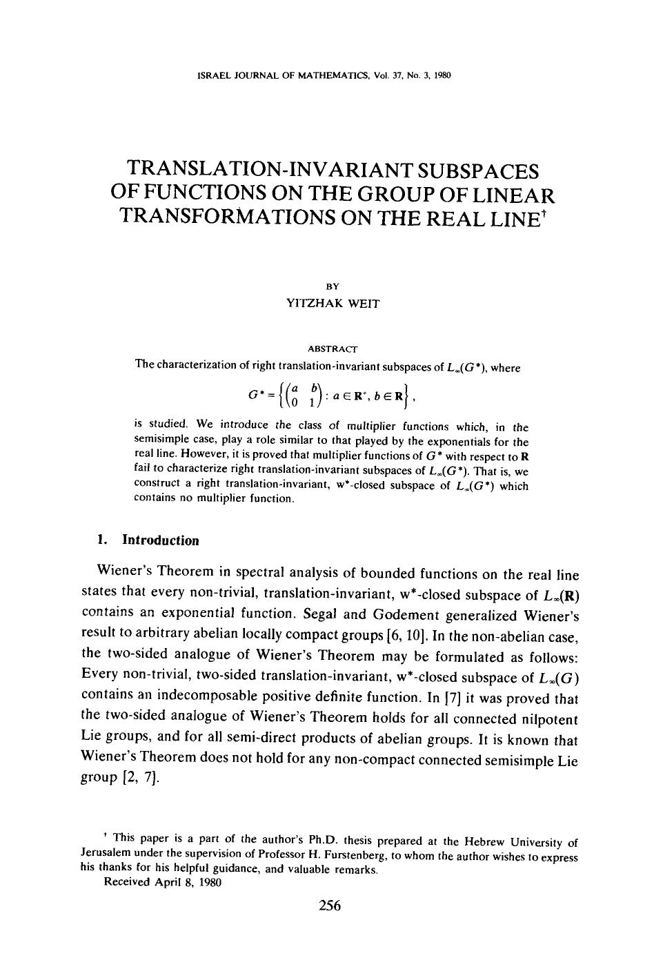 Translation-invariant subspaces of functions on the group of linear transformations on the real line by Unknown