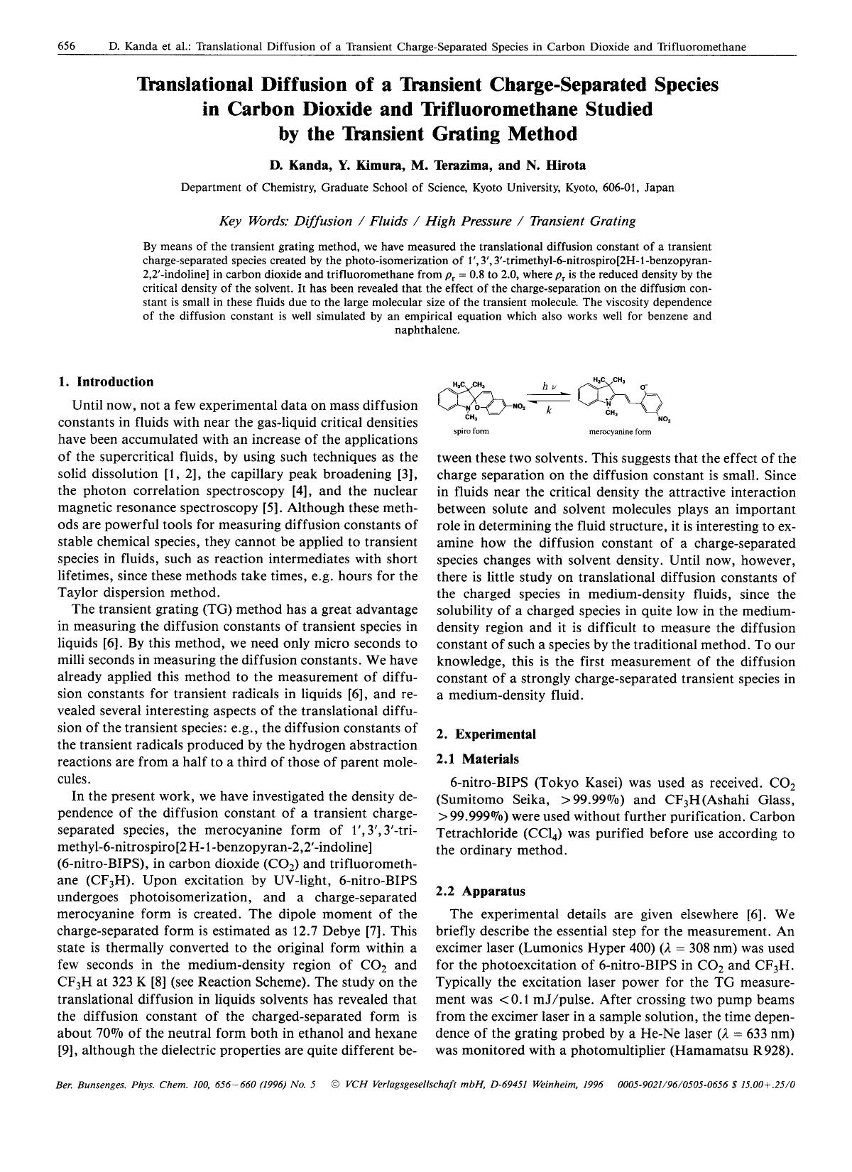 Translational Diffusion of a Transient Charge-Separated Species in Carbon Dioxide and Trifluoromethane Studied by the Transient Grating Method by Unknown