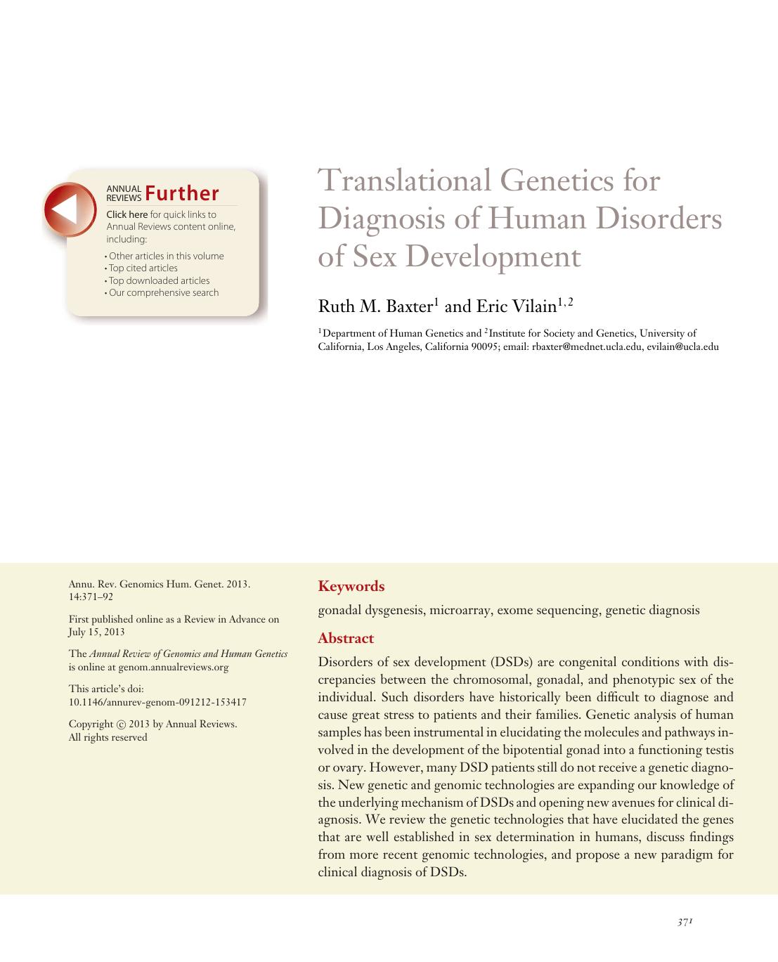Translational Genetics for Diagnosis of Human Disorders of Sex Development by Ruth M. Baxter and Eric Vilain