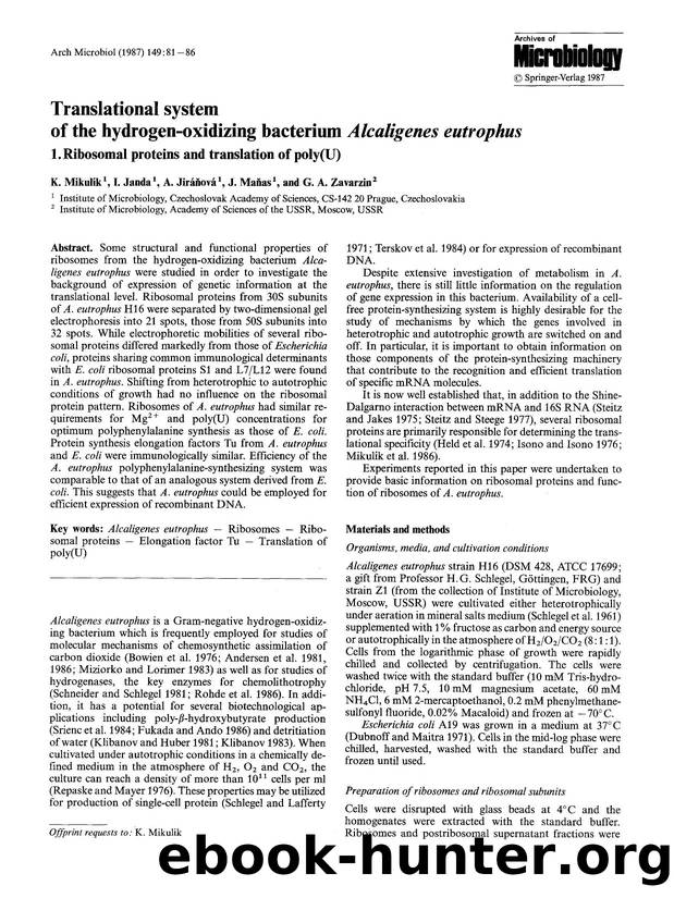 Translational system of the hydrogen-oxidizing bacterium <Emphasis Type="Italic">Alcaligenes eutrophus<Emphasis> by Unknown