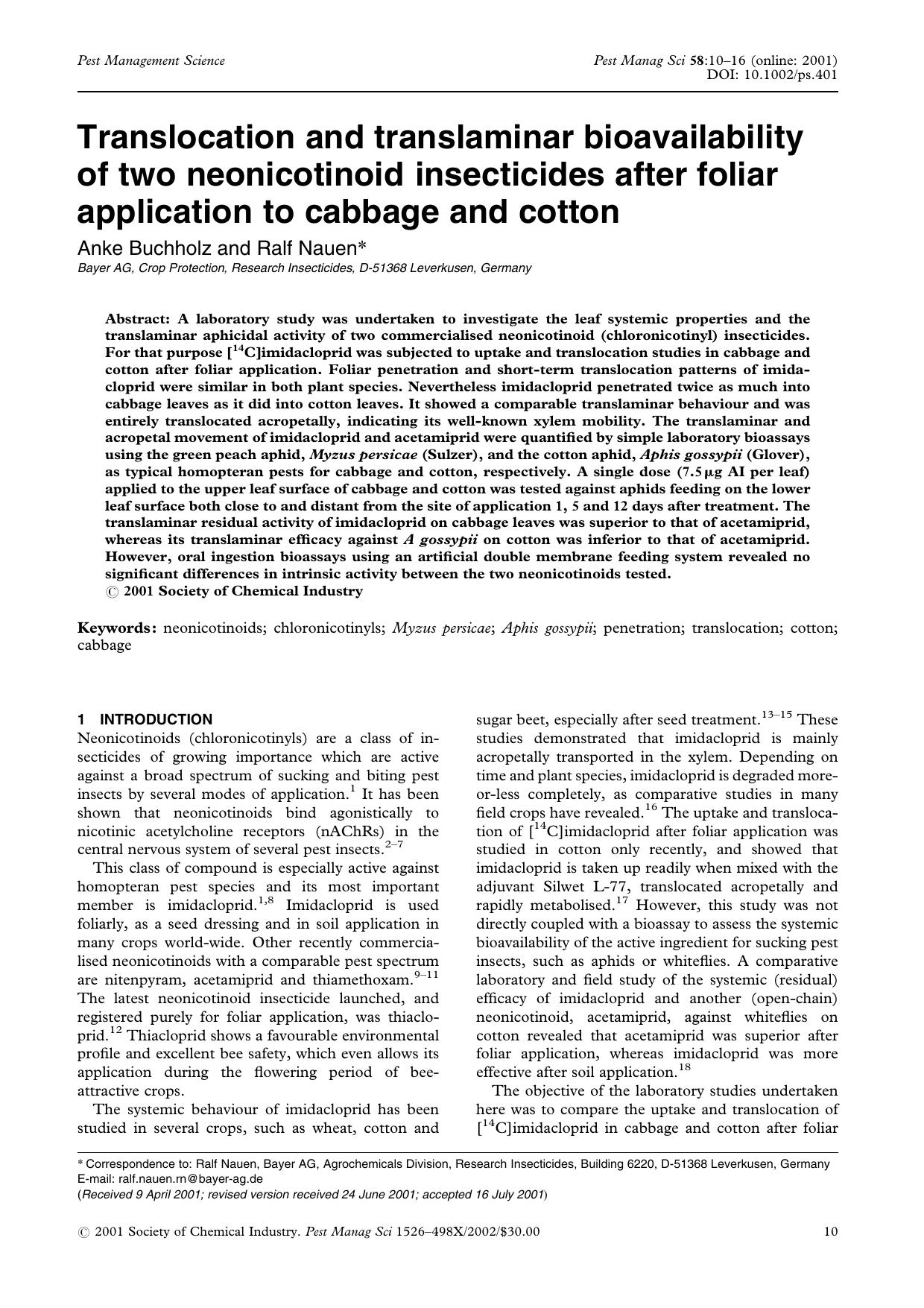 Translocation and translaminar bioavailability of two neonicotinoid insecticides after foliar application to cabbage and cotton by Unknown