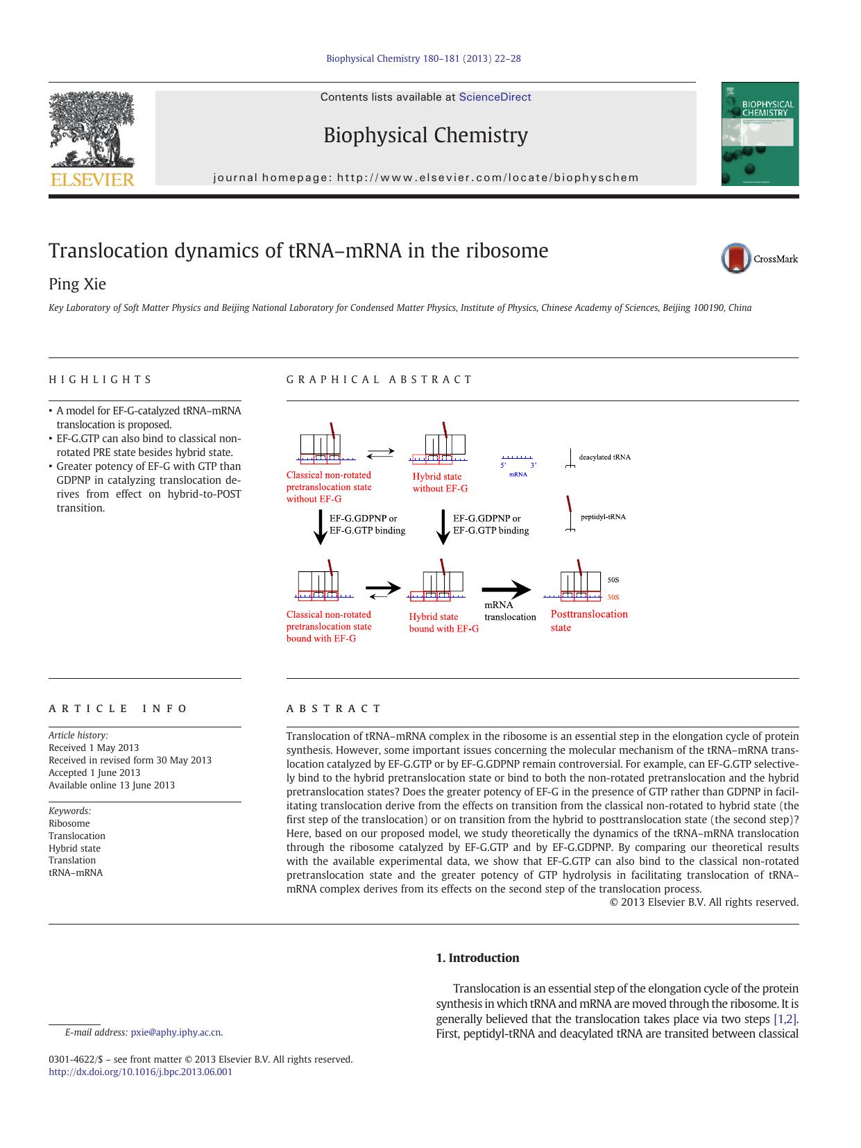 Translocation dynamics of tRNAâmRNA in the ribosome by Ping Xie