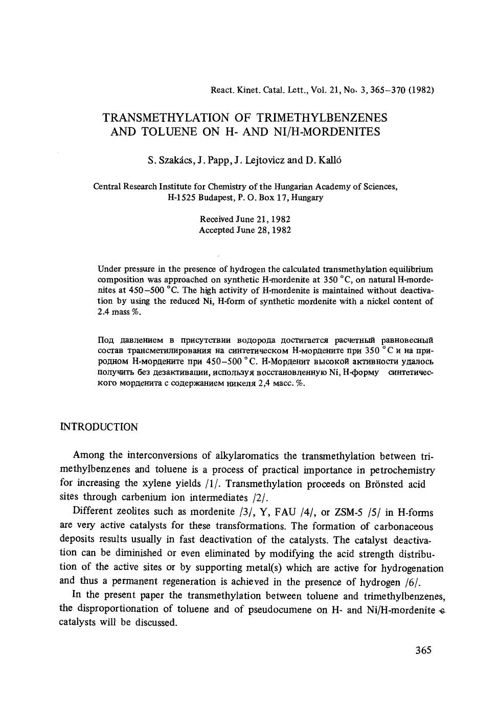 Transmethylation of trimethylbenzenes and toluene on H- and NiH-mordenites by Unknown