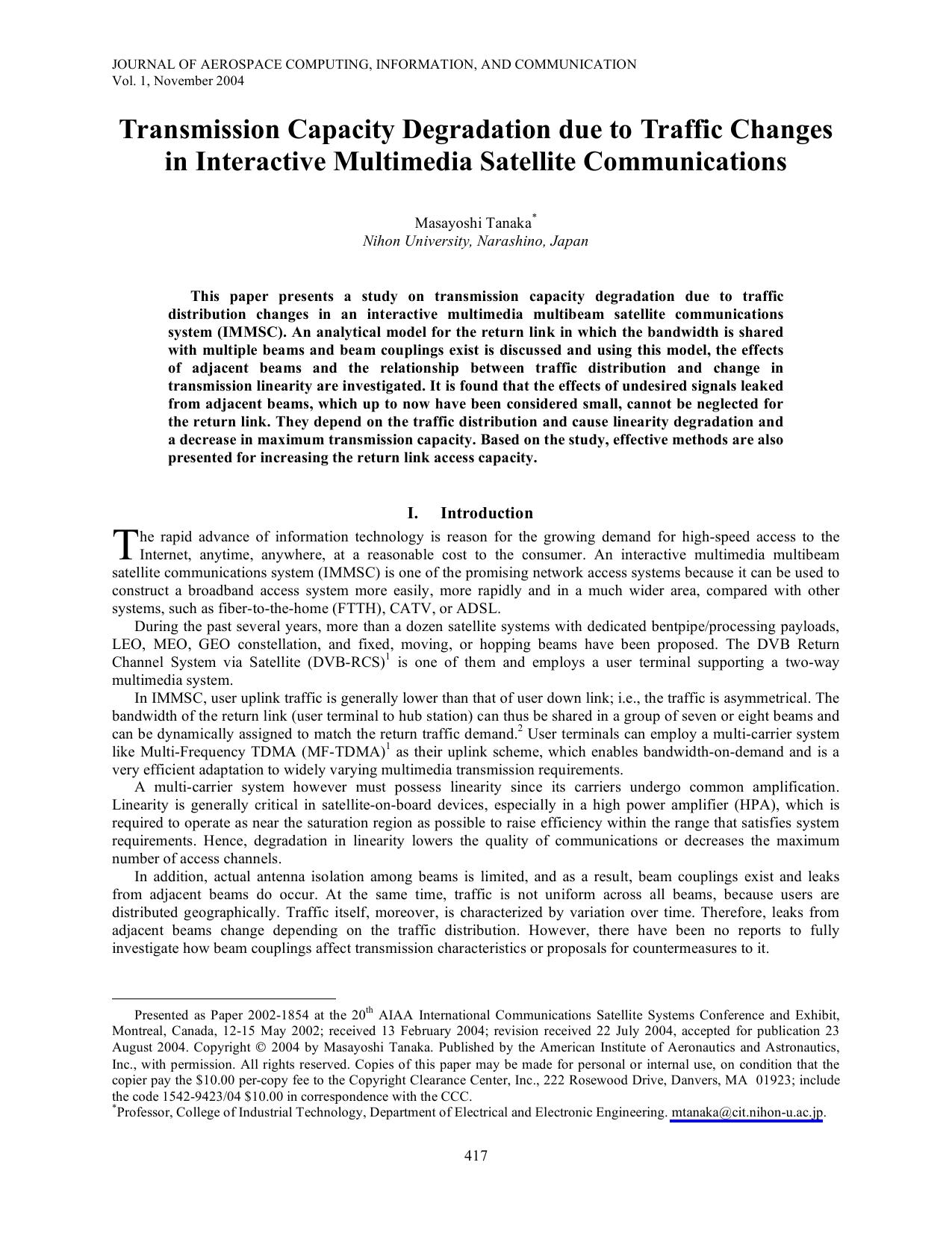 Transmission Capacity Degradation due to Traffic Changes in Interactive Multimedia Satellite Communications by Tanaka