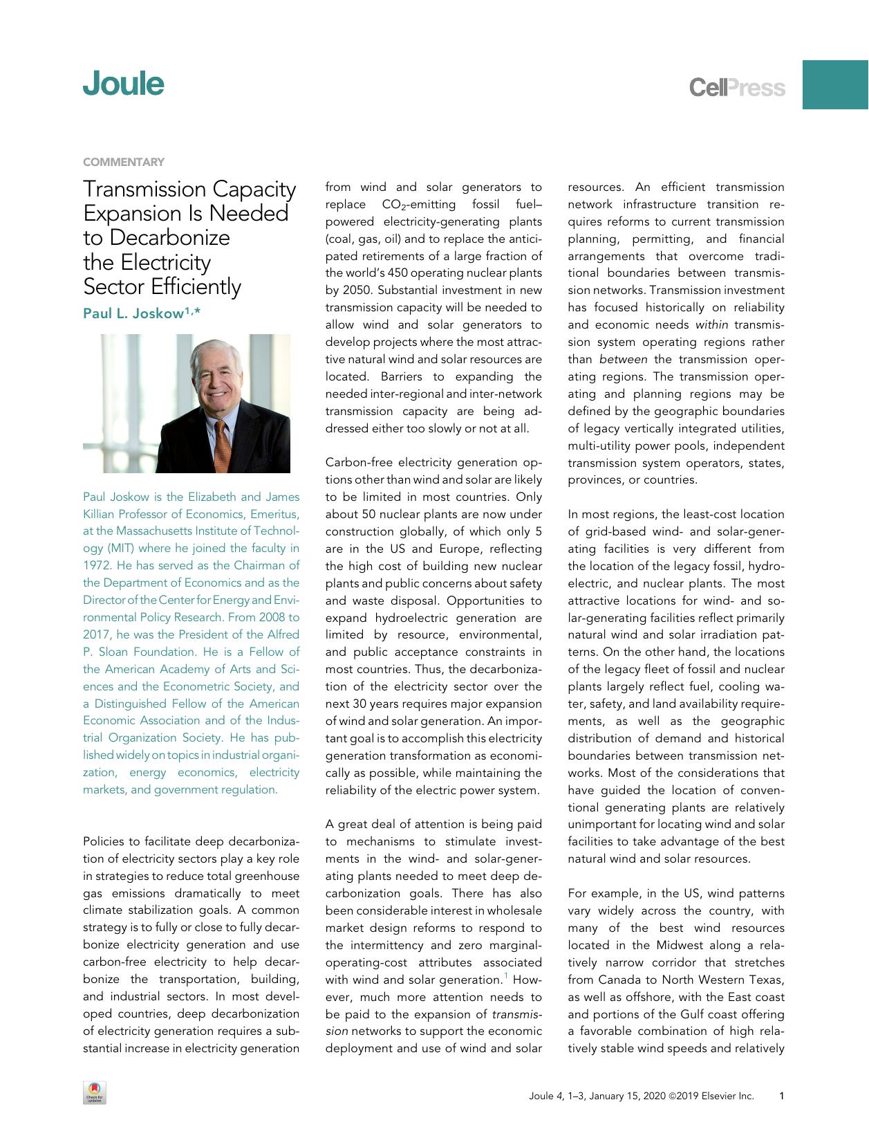 Transmission Capacity Expansion Is Needed to Decarbonize the Electricity Sector Efficiently by Paul L. Joskow