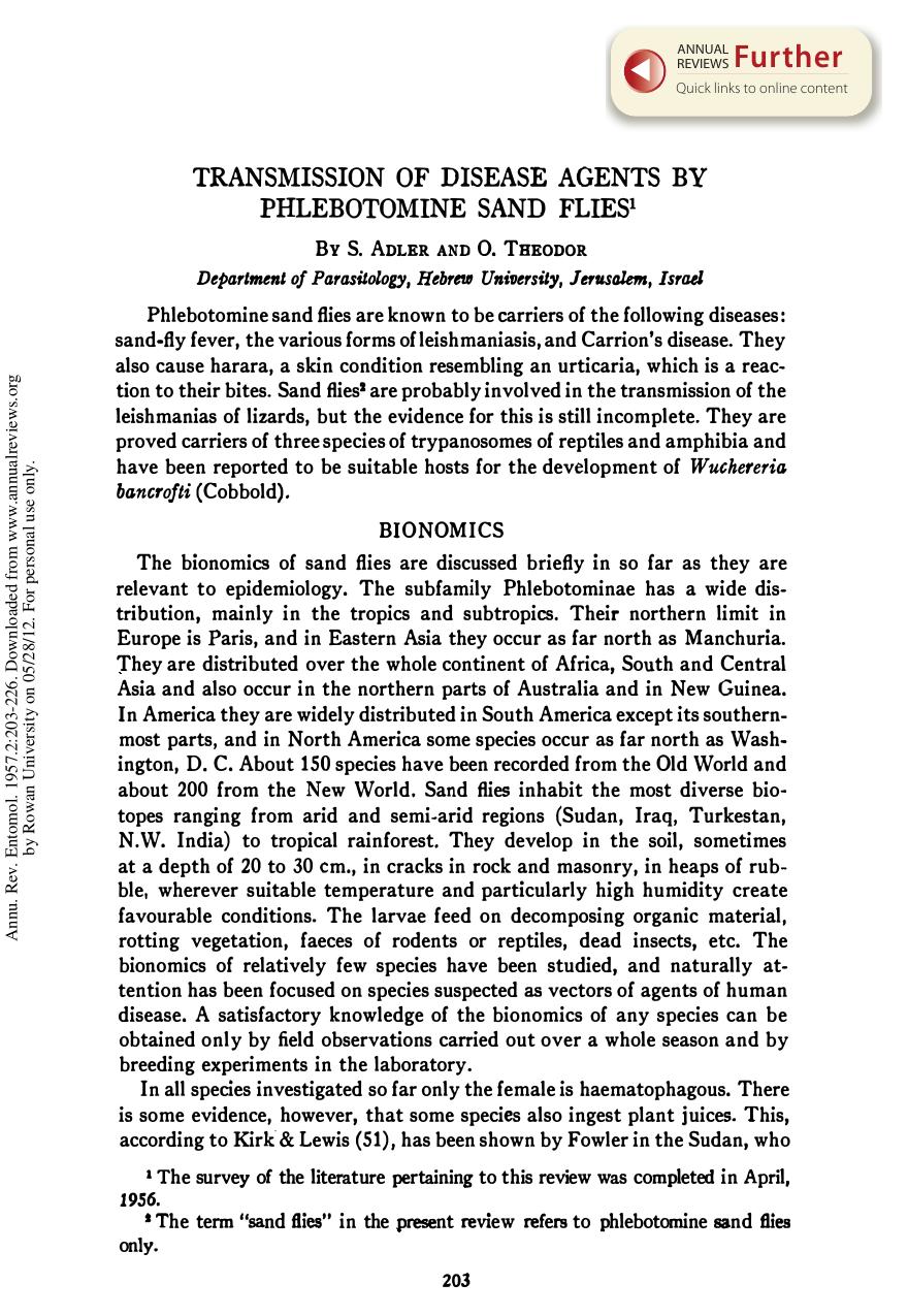 Transmission of Disease Agents by Phlebotomine sand Flies by S Adler & and O Theodor