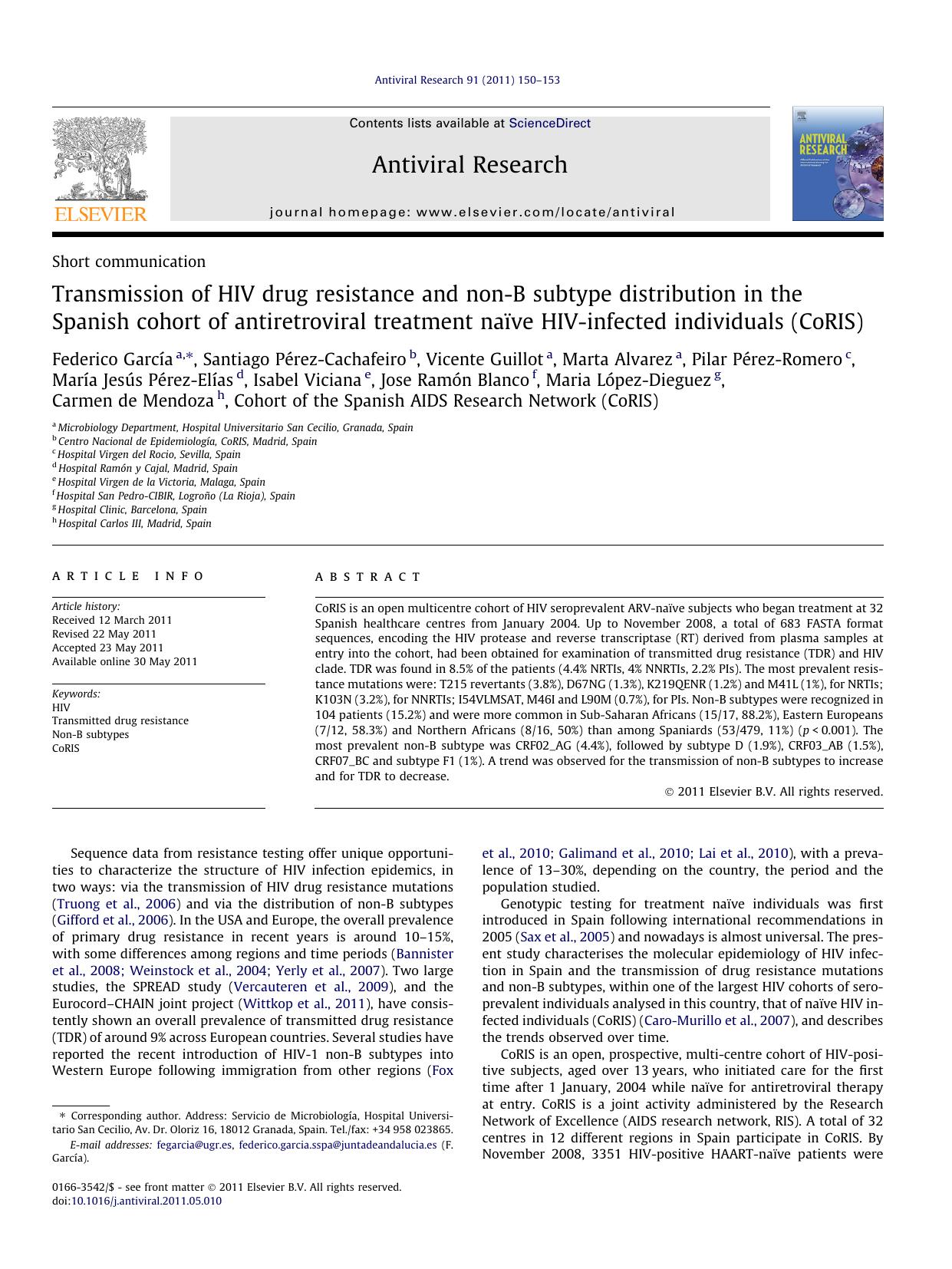 Transmission of HIV drug resistance and non-B subtype distribution in the Spanish cohort of antiretroviral treatment naÃÂ¯ve HIV-infected individuals (CoRIS) by unknow