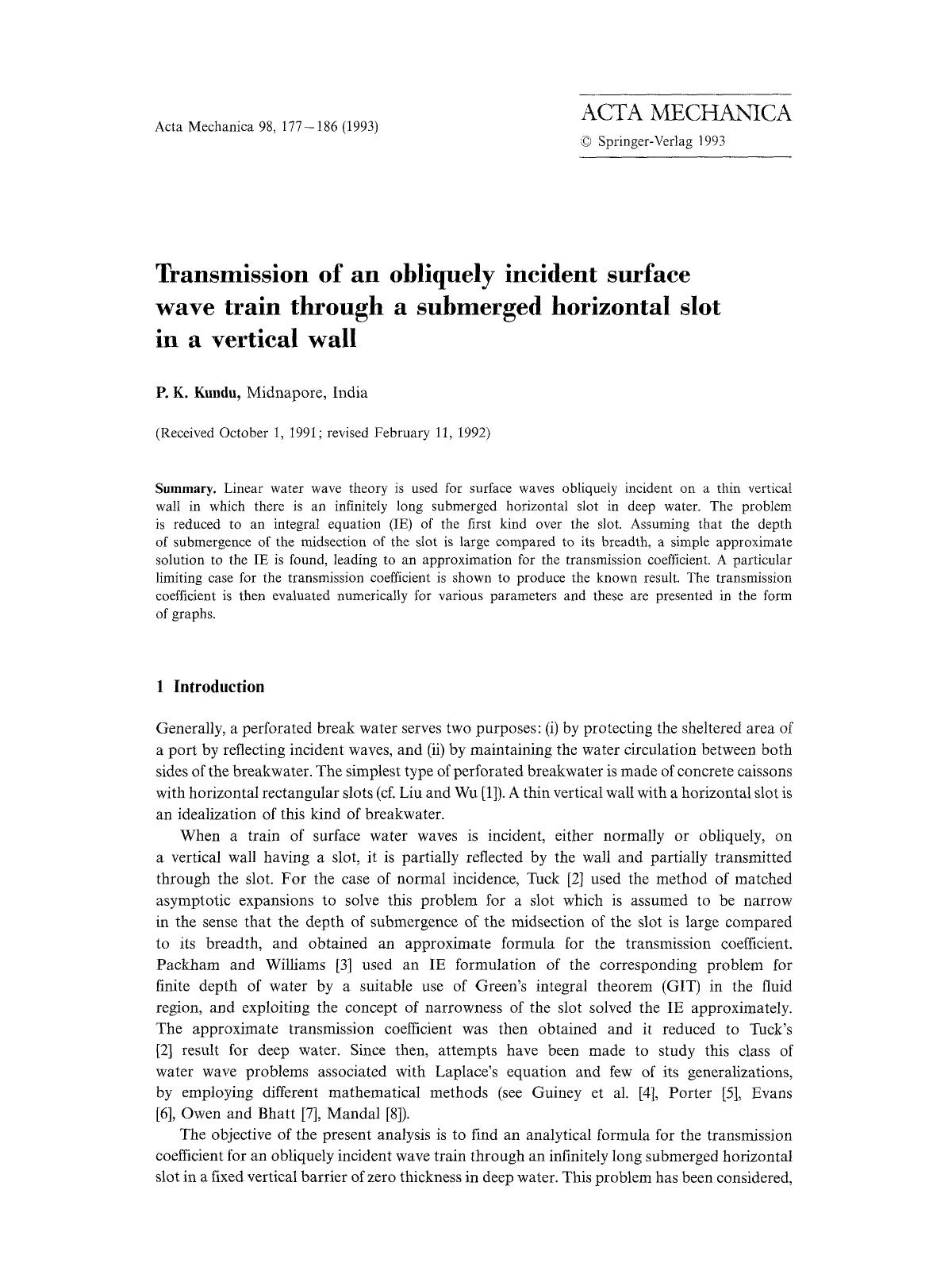 Transmission of an obliquely incident surface wave train through a submerged horizontal slot in a vertical wall by Unknown