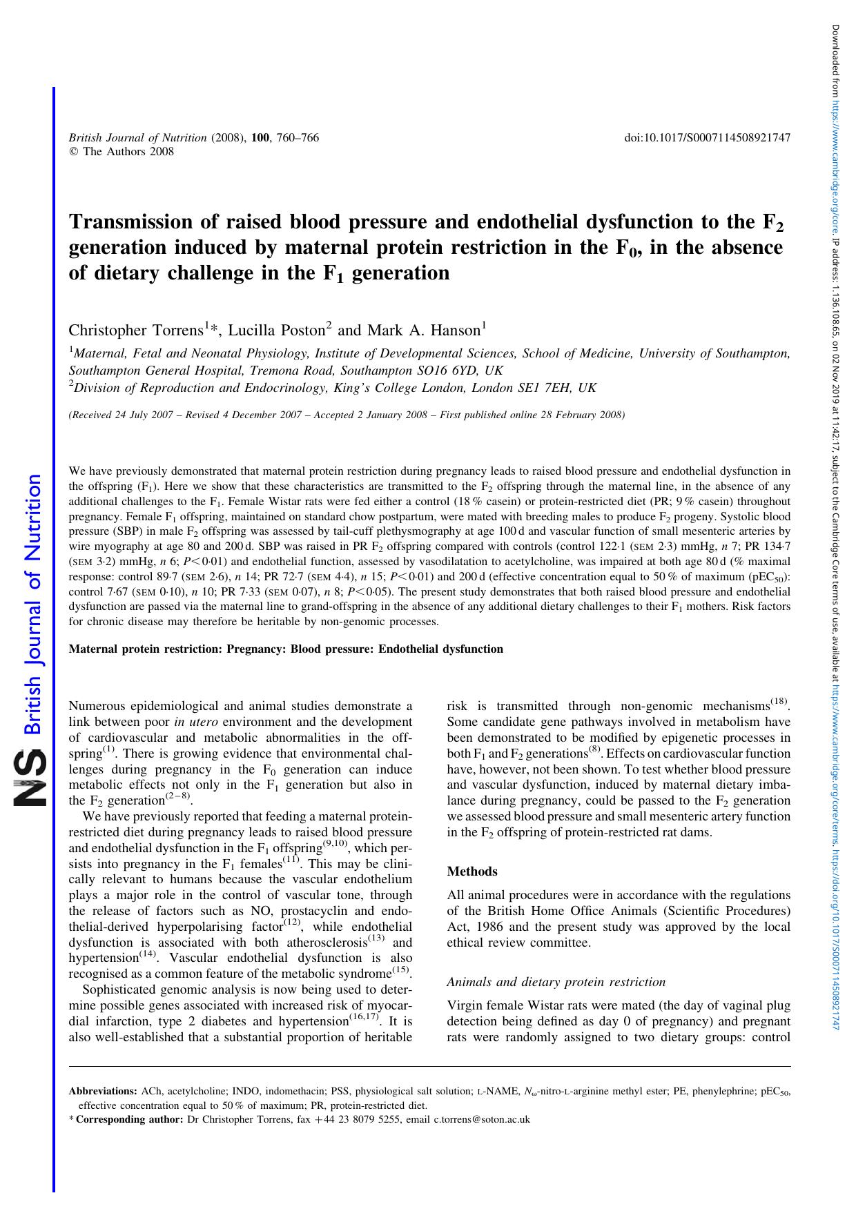 Transmission of raised blood pressure and endothelial dysfunction to the F2 generation induced by maternal protein restriction in the F0, in the absence of dietary challenge in the F1 generation by Christopher Torrens Lucilla Poston Mark A. Hanson