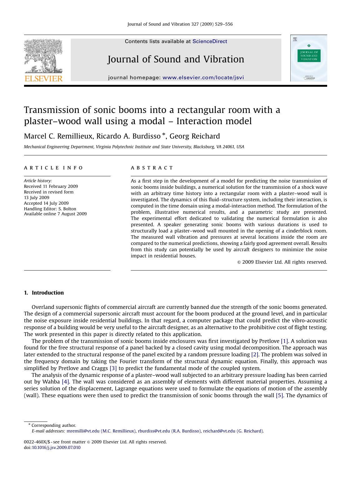 Transmission of sonic booms into a rectangular room with a plasterâwood wall using a modal â Interaction model by Marcel C. Remillieux; Ricardo A. Burdisso; Georg Reichard