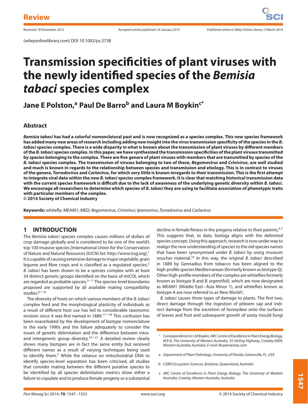 Transmission specificities of plant viruses with the newly identified species of the Bemisia tabaci species complex by Unknown