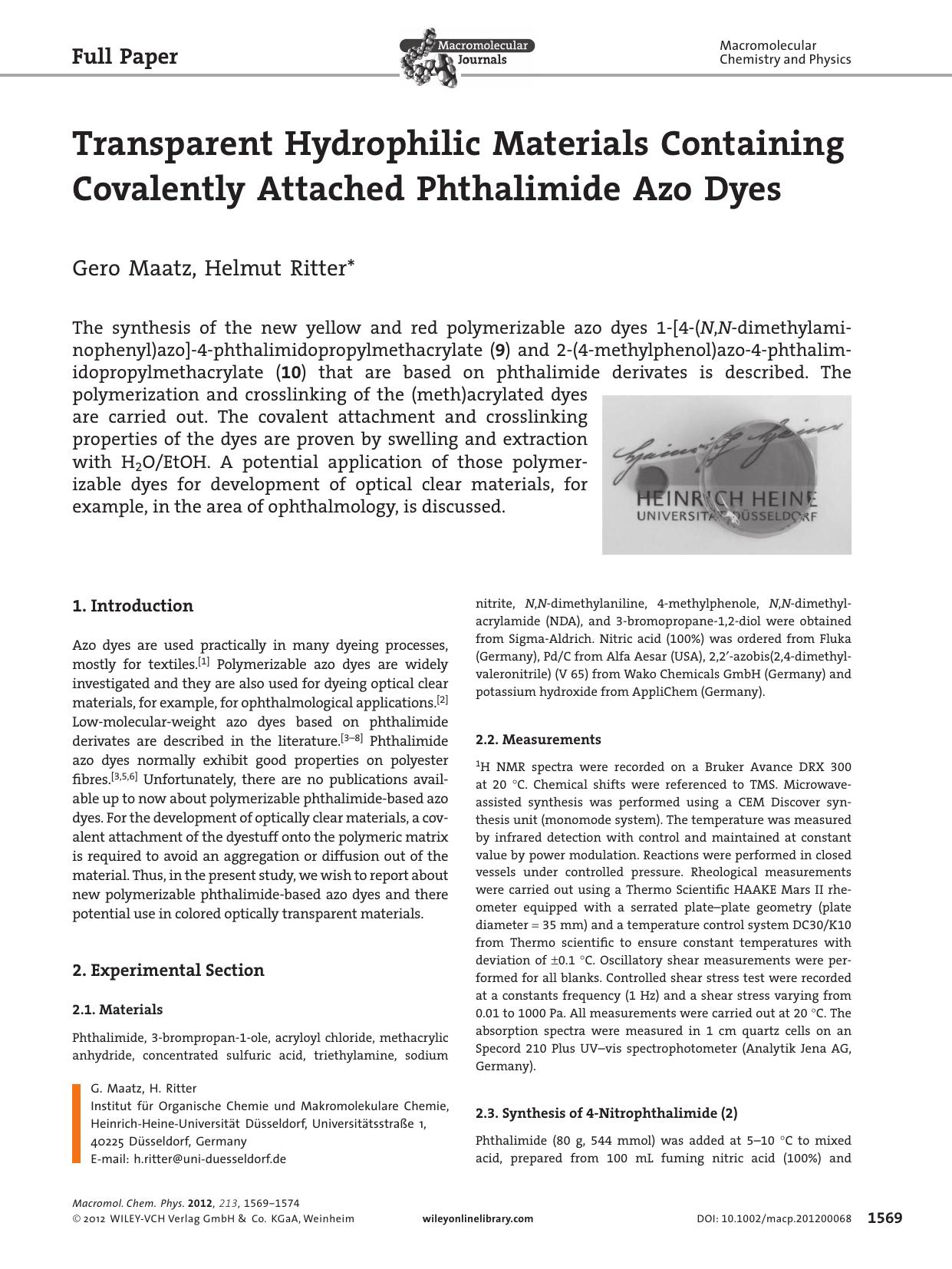Transparent Hydrophilic Materials Containing Covalently Attached Phthalimide Azo Dyes by vng