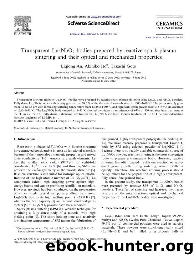 Transparent Lu3NbO7 bodies prepared by reactive spark plasma sintering and their optical and mechanical properties by Liqiong An & Akihiko Ito & Takashi Goto