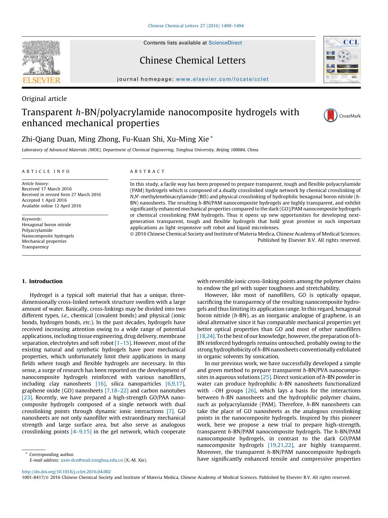 Transparent h-BNpolyacrylamide nanocomposite hydrogels with enhanced mechanical properties by Zhi-Qiang Duan & Ming Zhong & Fu-Kuan Shi & Xu-Ming Xie