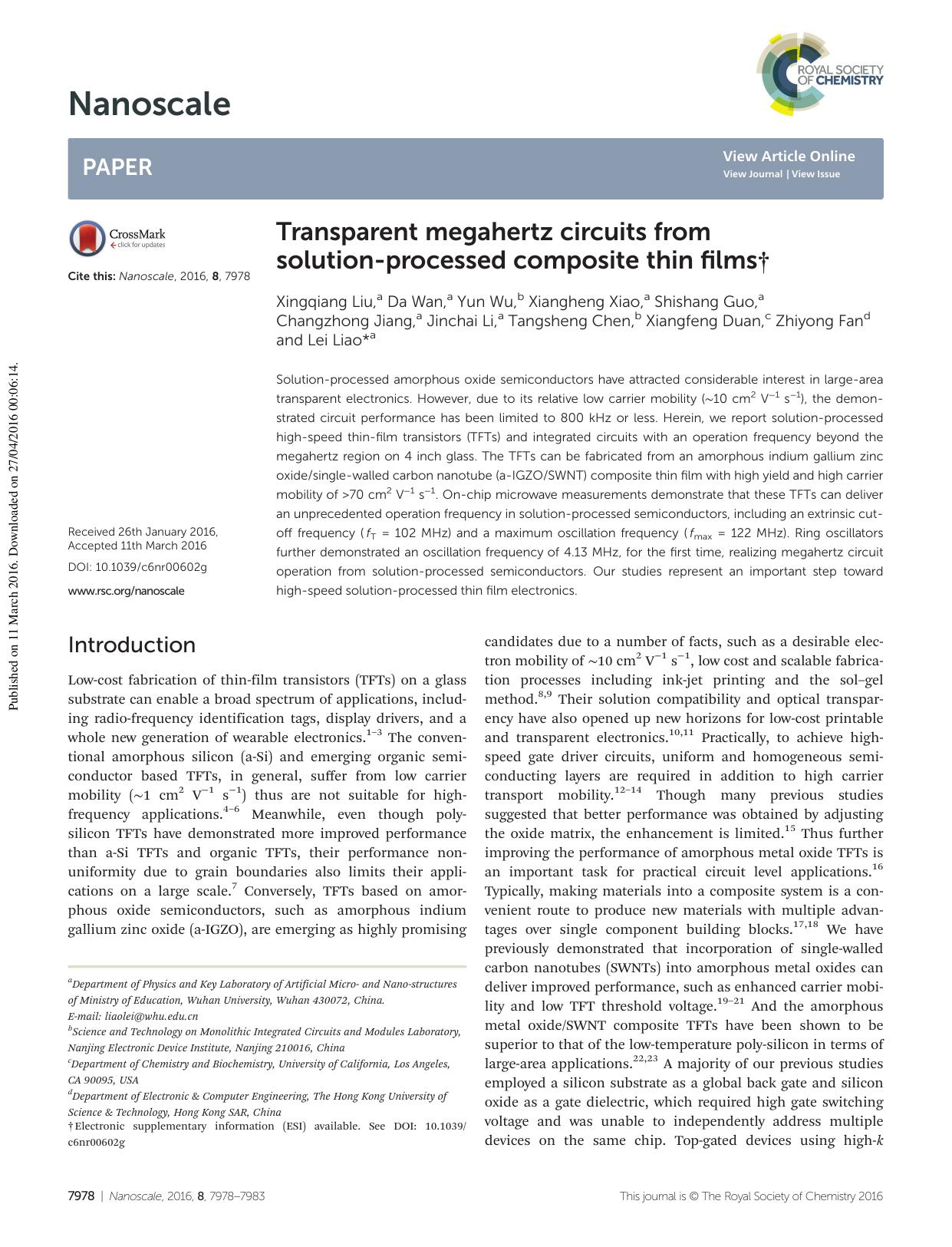 Transparent megahertz circuits from solution-processed composite thin films by unknow