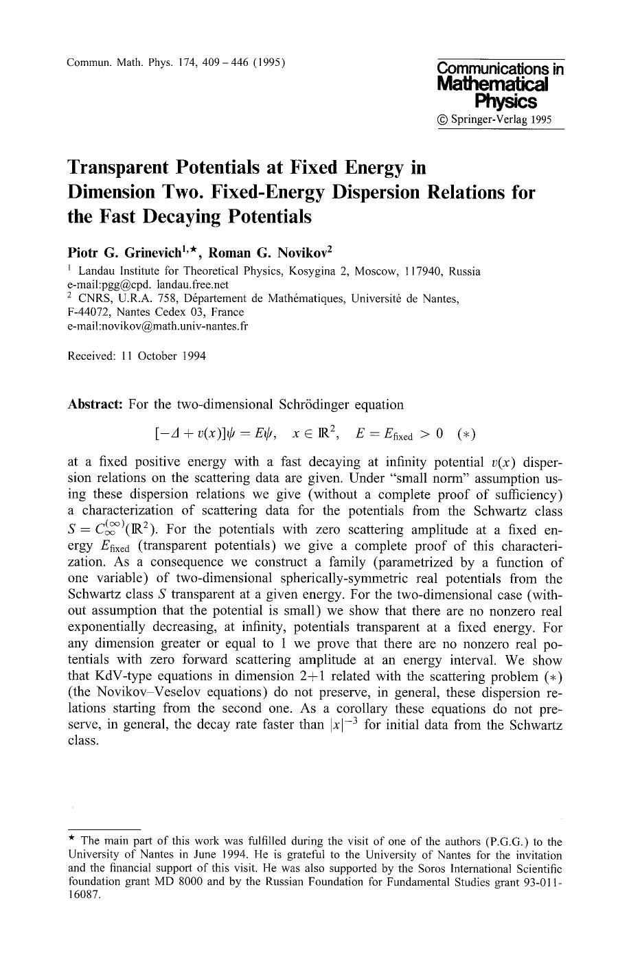 Transparent potentials at fixed energy in dimension two. Fixed-energy dispersion relations for the fast decaying potentials by Unknown