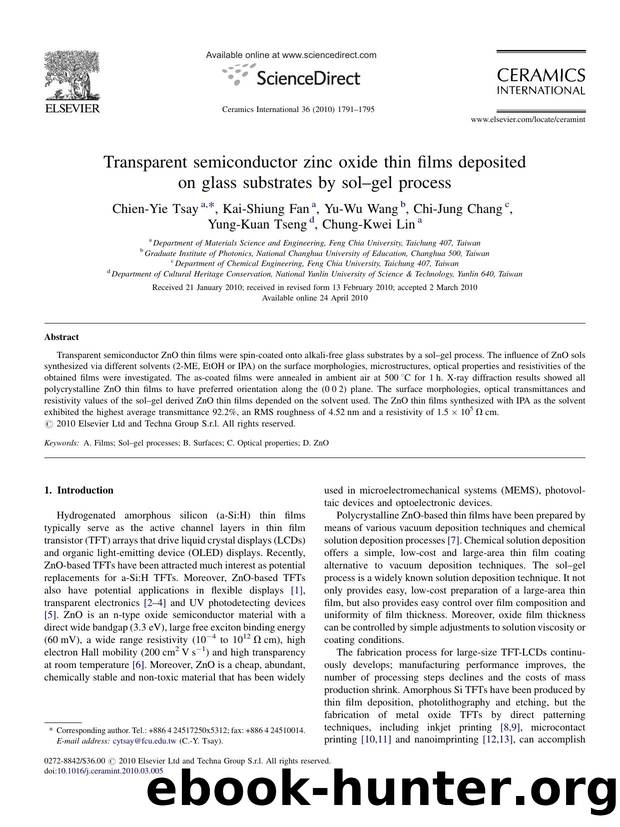 Transparent semiconductor zinc oxide thin films deposited on glass substrates by solÃ¢â¬âgel process by Chien-Yie Tsay; Kai-Shiung Fan; Yu-Wu Wang; Chi-Jung Chang; Yung-Kuan Tseng; Chung-Kwei Lin