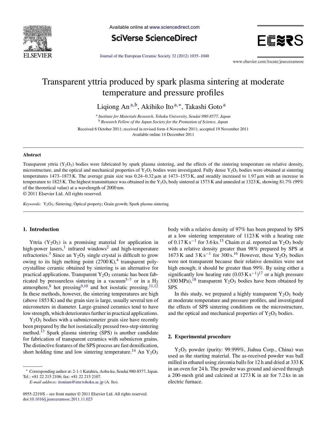 Transparent yttria produced by spark plasma sintering at moderate temperature and pressure profiles by Liqiong An