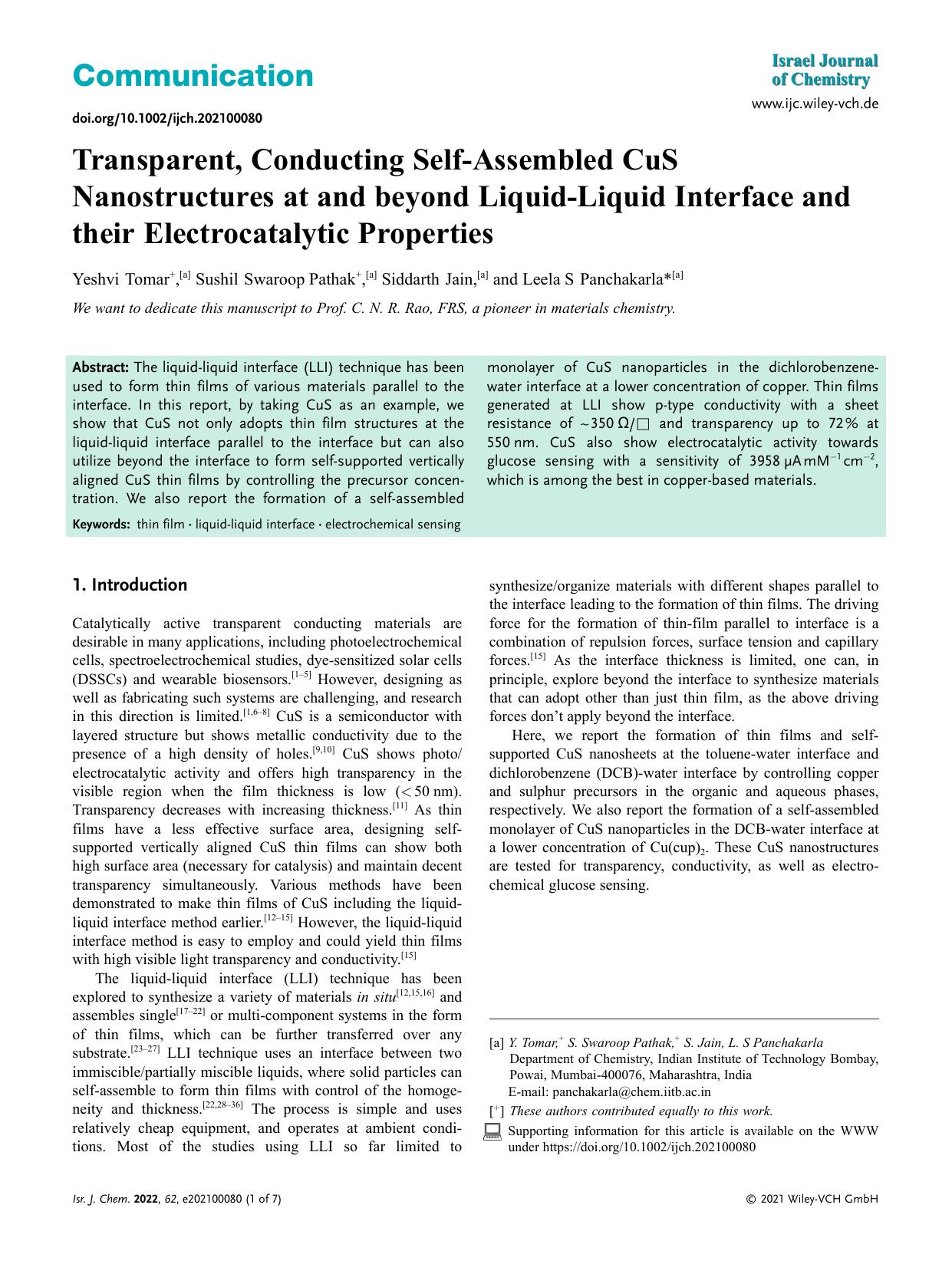 Transparent, Conducting SelfâAssembled CuS Nanostructures at and beyond LiquidâLiquid Interface and their Electrocatalytic Properties by Unknown