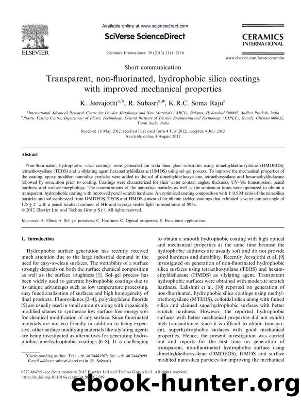 Transparent, non-fluorinated, hydrophobic silica coatings with improved mechanical properties by K. Jeevajothi & R. Subasri & K.R.C. Soma Raju