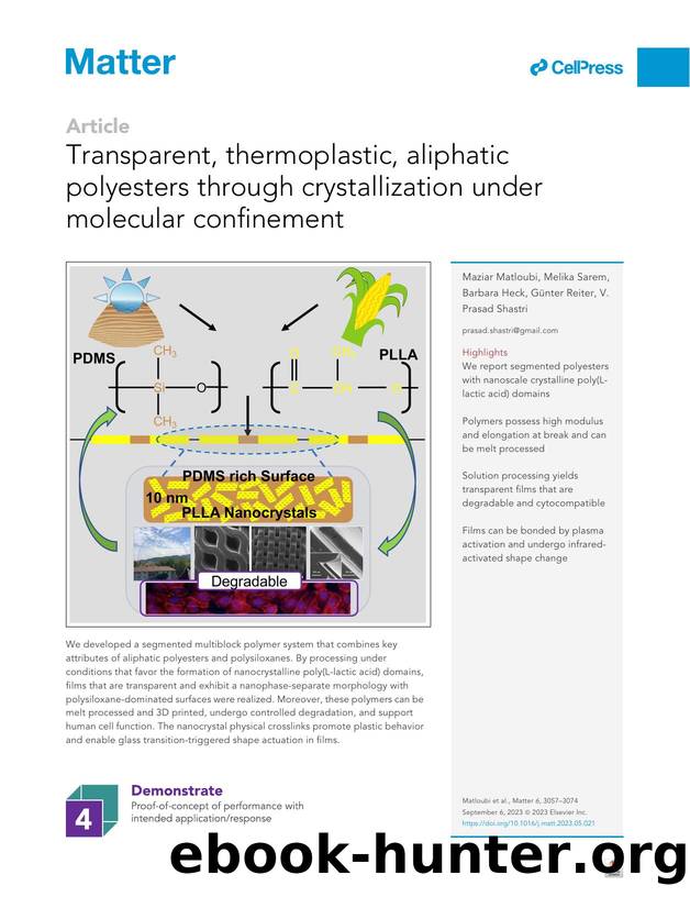 Transparent, thermoplastic, aliphatic polyesters through crystallization under molecular confinement by Maziar Matloubi & Melika Sarem & Barbara Heck & Günter Reiter & V. Prasad Shastri