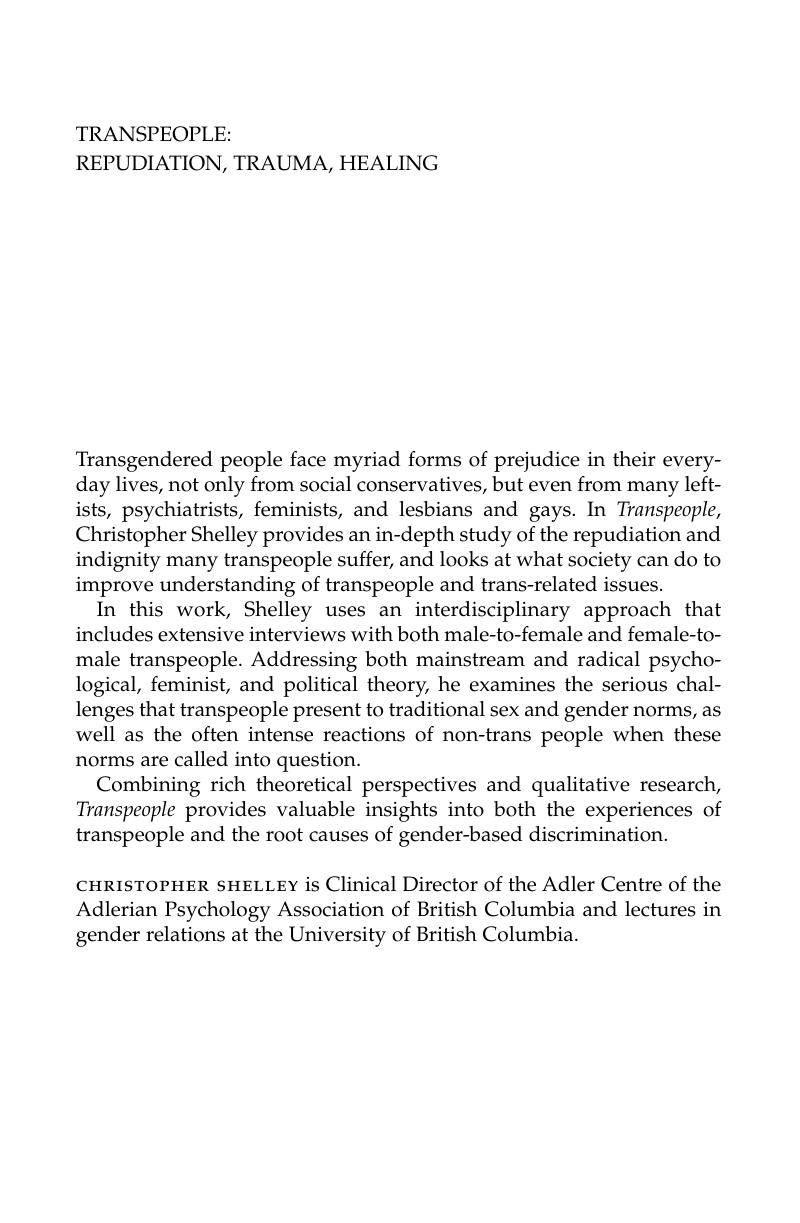 Transpeople: Repudiation, Trauma, Healing by Christopher A. Shelley