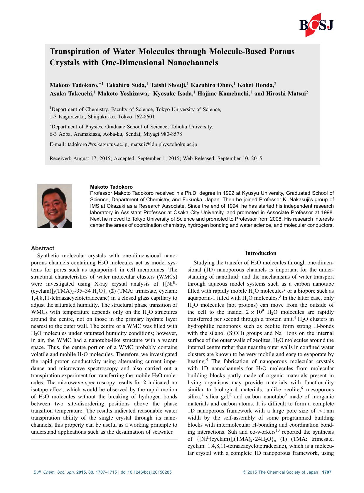 Transpiration of Water Molecules through Molecule-Based Porous Crystals with One-Dimensional Nanochannels by unknow