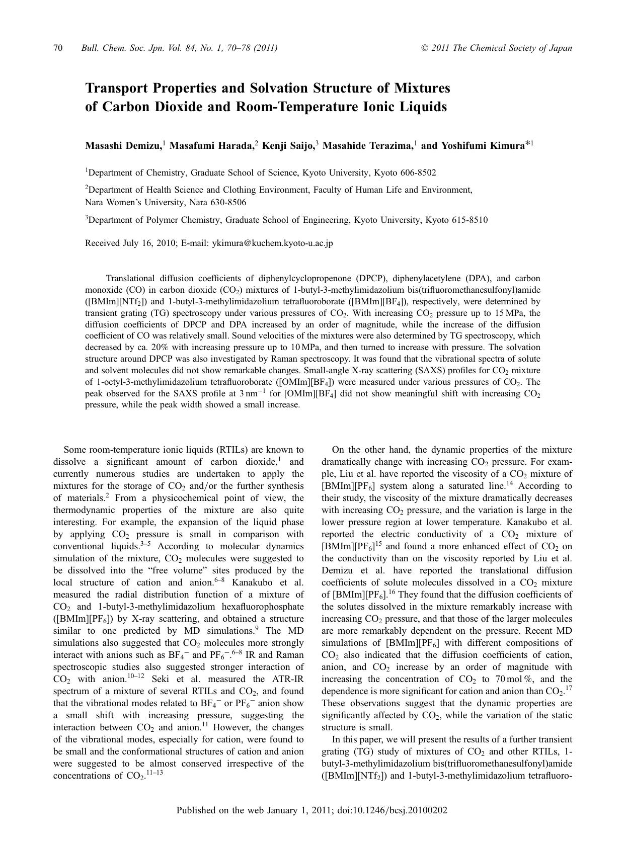 Transport Properties and Solvation Structure of Mixtures of Carbon Dioxide and Room-Temperature Ionic Liquids by （社）日本化学会　The Chemical Society of Japan
