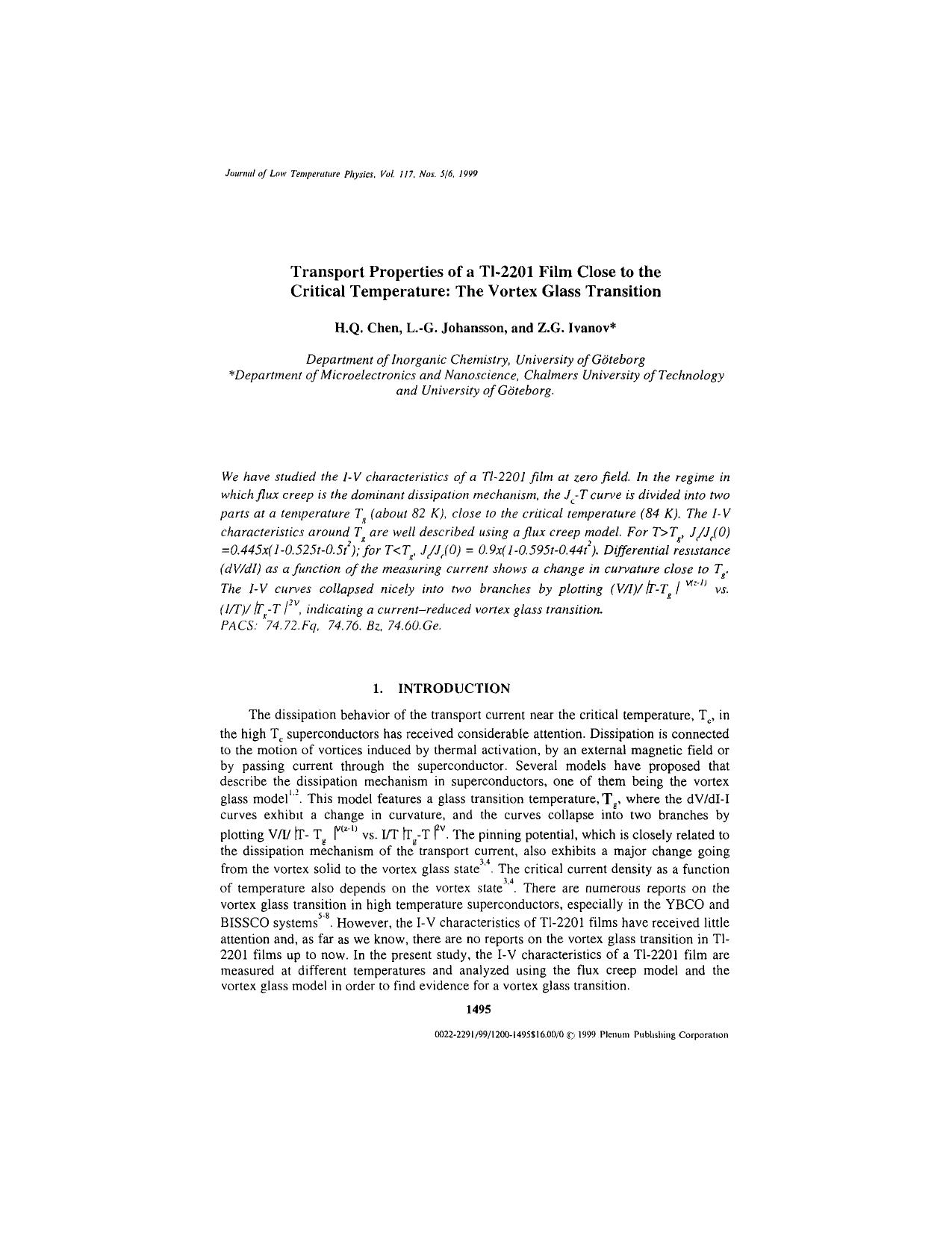 Transport Properties of a Tl-2201 Film Close to the Critical Temperature: The Vortex Glass Transition by Unknown
