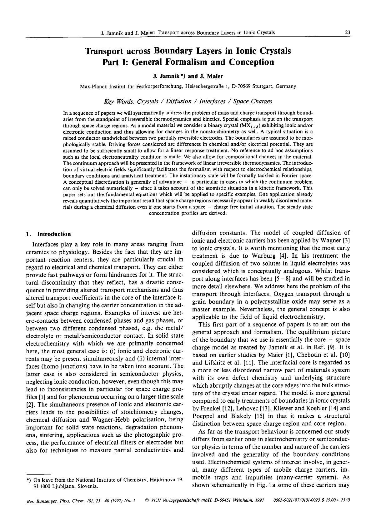 Transport across Boundary Layers in Ionic Crystals Part I: General Formalism and Conception by Unknown