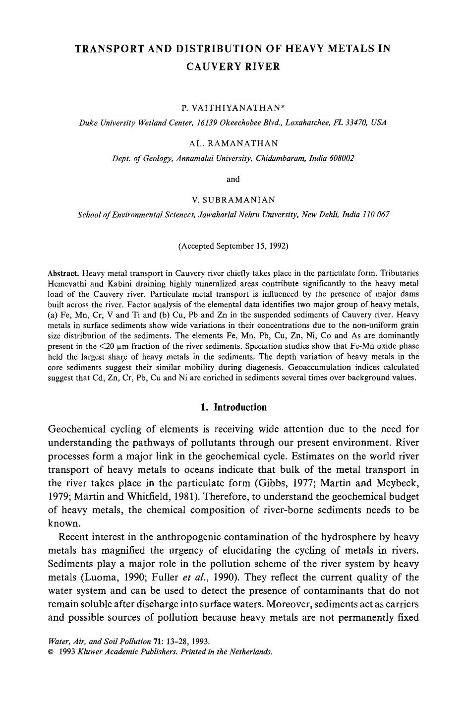 Transport and distribution of heavy metals in Cauvery river by Unknown