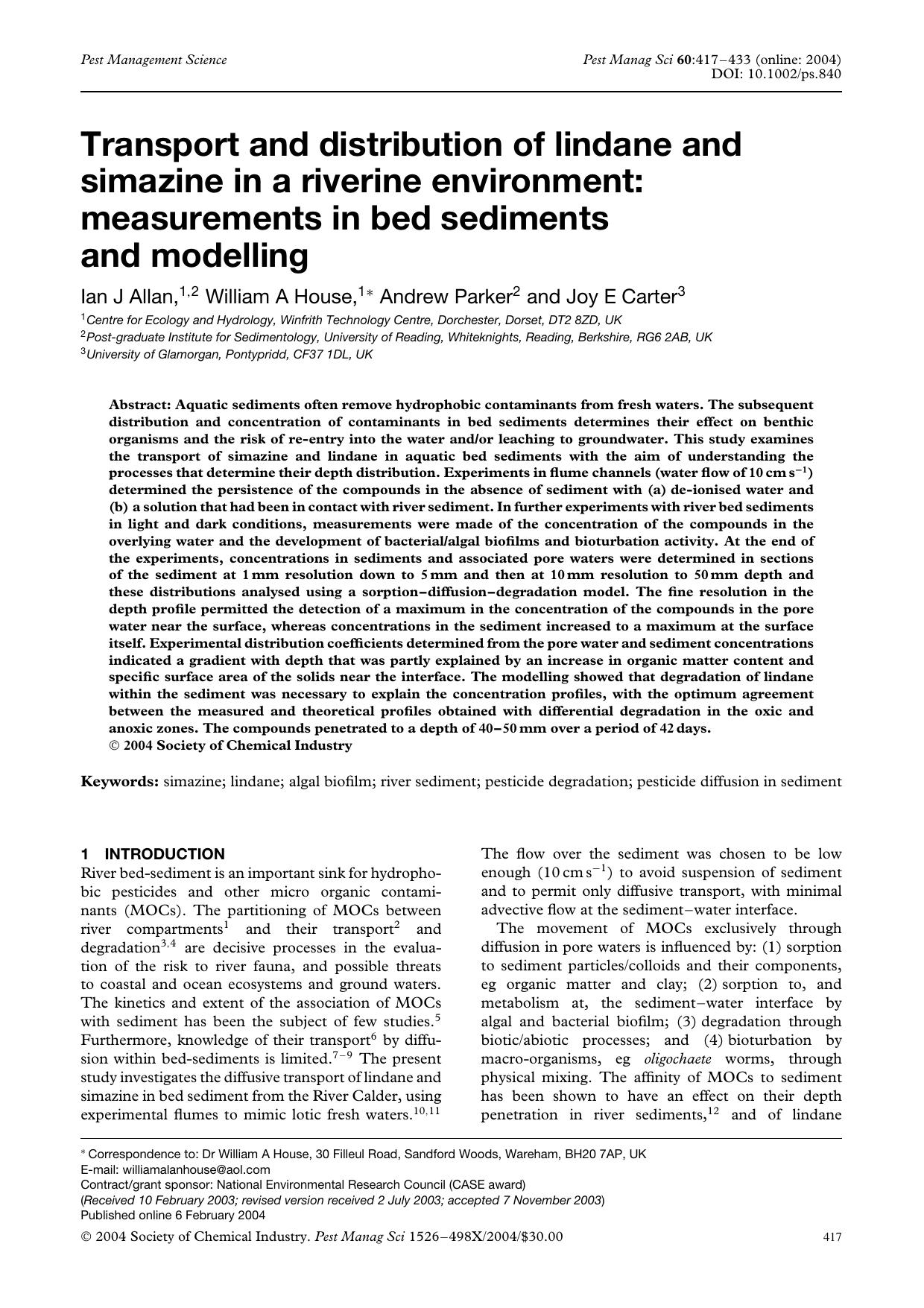 Transport and distribution of lindane and simazine in a riverine environment: measurements in bed sediments and modelling by Unknown