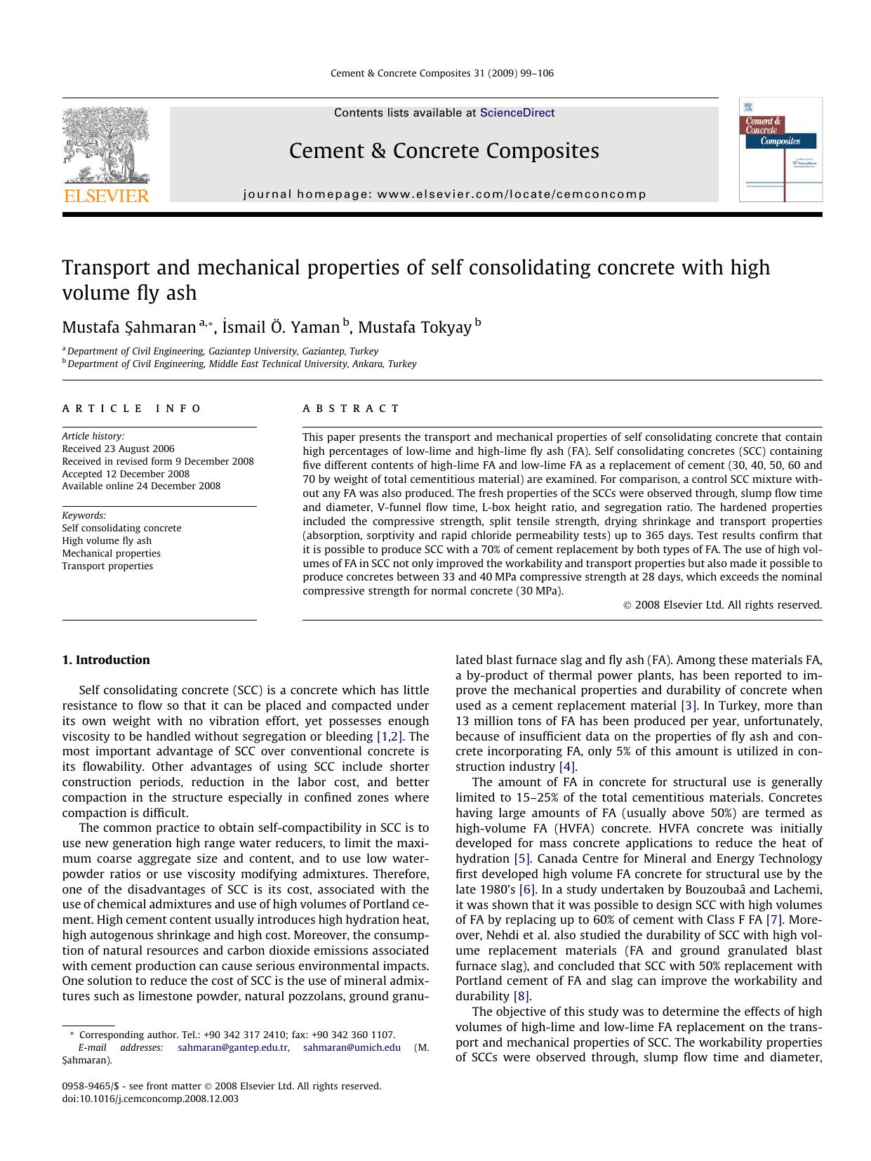 Transport and mechanical properties of self consolidating concrete with high volume fly ash by Mustafa Şahmaran; İsmail Ö. Yaman; Mustafa Tokyay